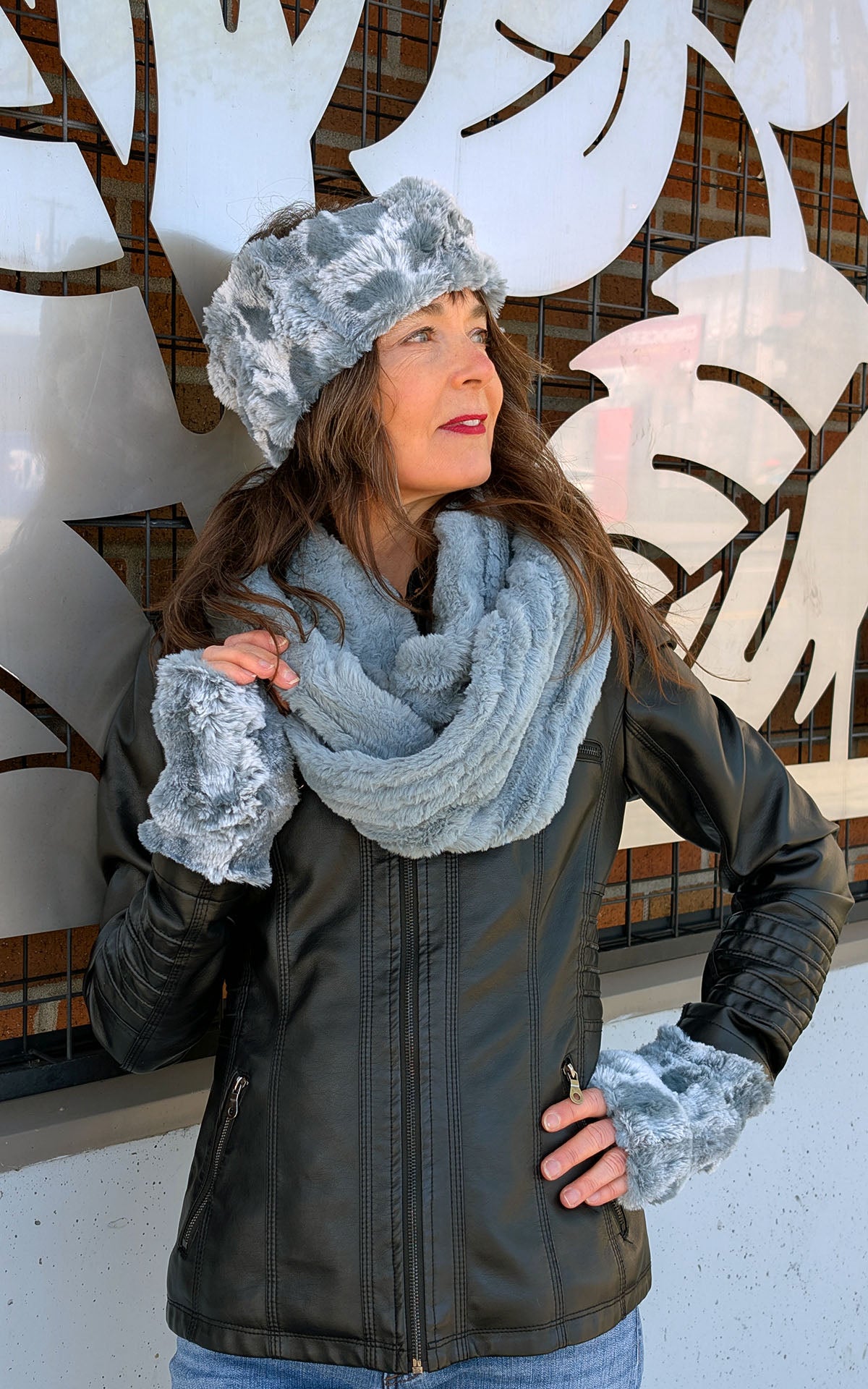  Side View of Woman Wearing a Infinity Scarf | Cirrus Blue Mist Faux Fur | Featuring Headband and Fingerless in Cloudwalk Blue Mist Faux Fur | Handmade in Seattle WA  USA | By Pandemonium Seattle 