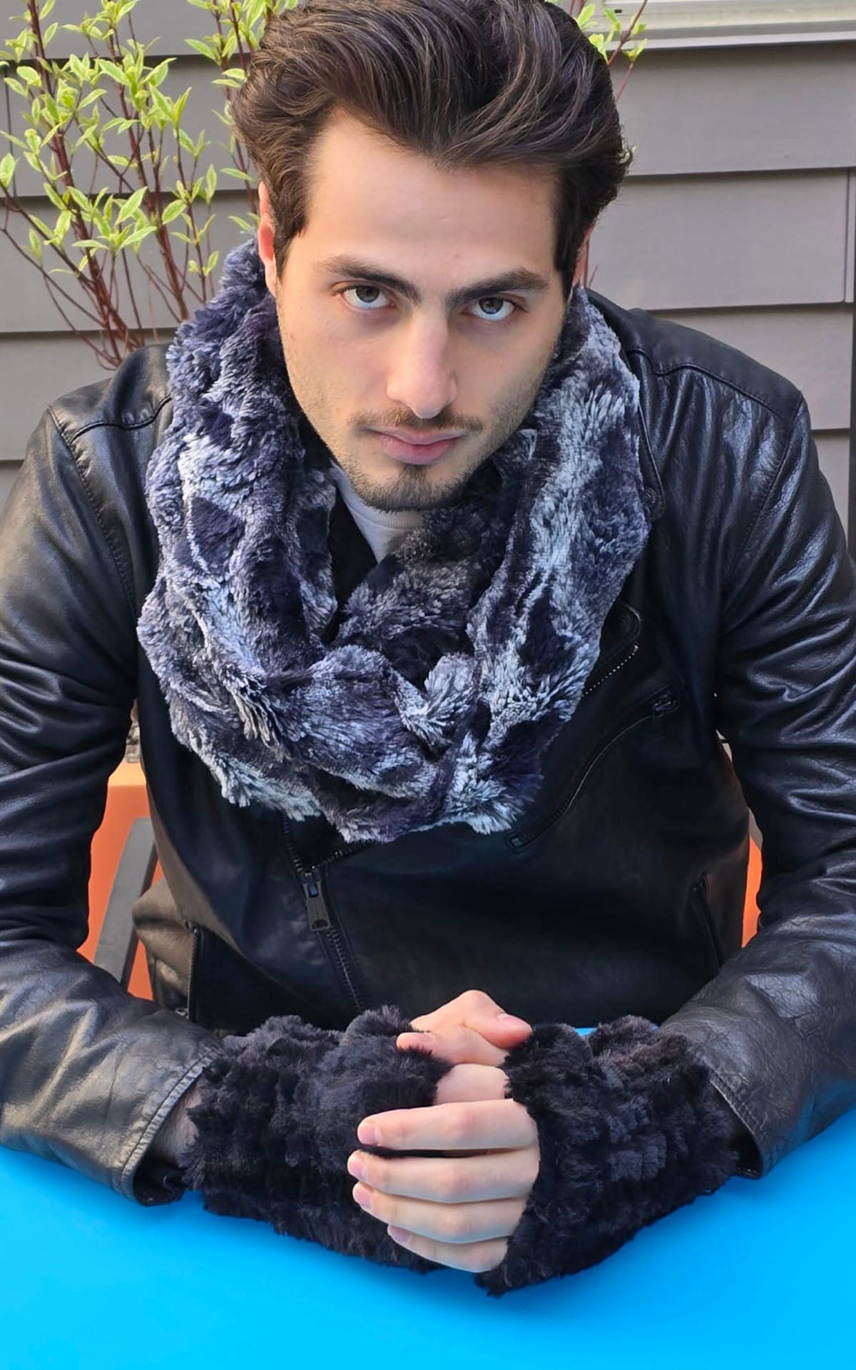 Male Model wearing men's Fingerless Gloves | Cuddly Faux Fur in Black | Shown with Cloudwalk Faux Fur Infinity Scarf | Pandemonium Seattle | Handsewn in Seattle, WA USA