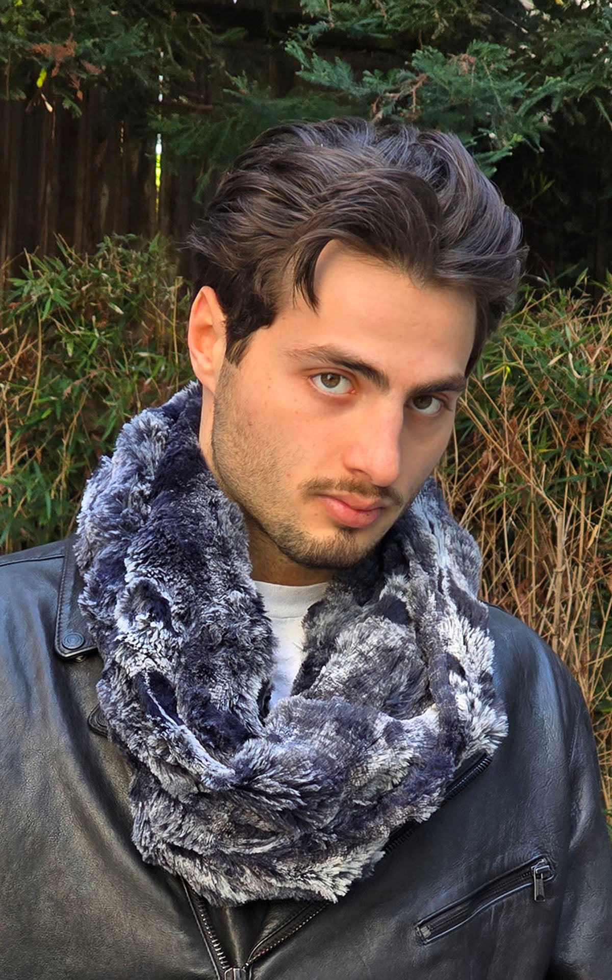  Model wearing Men&#39;s Infinity Scarf | Cloudwalk Shadow Faux Fur | Double Looped Scarf Close Up View |Handmade in Seattle WA, USA | Pandemonium Millinery