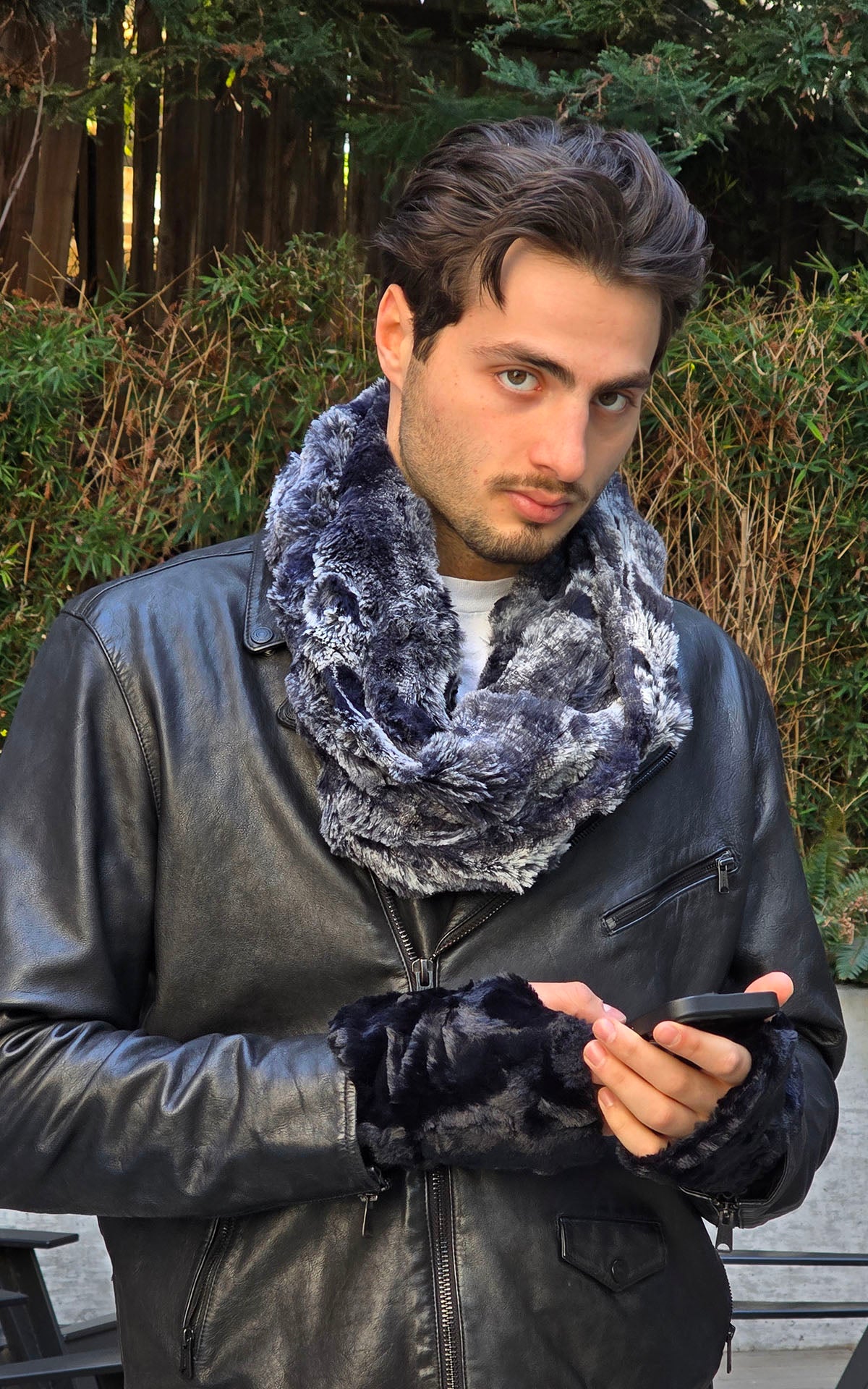 Male Model wearing Infinity Scarf | Cloudwalk Shadow Faux Fur | Double Looped view | Handmade in Seattle WA, USA | Pandemonium Millinery