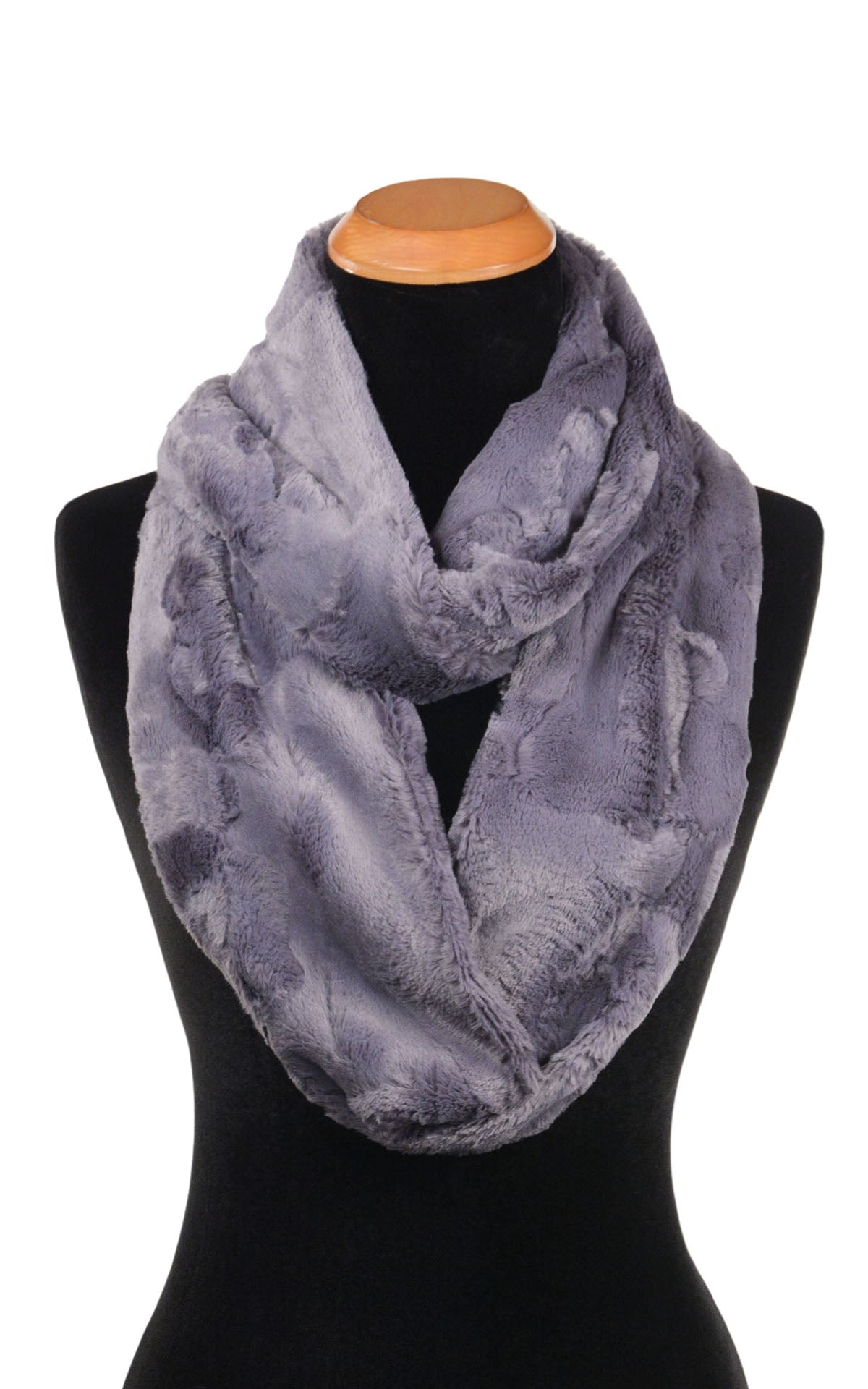 Women’s Infinity Loop Scarf on Mannequin | Cuddly Faux Fur in Cool Gray Faux Fur | Handmade in Seattle WA | Pandemonium Millinery