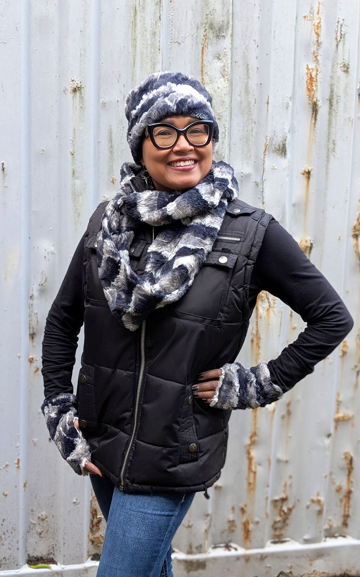 Woman wearing an Infinity Scarf, Pillbox, and Fingerless Gloves | Ocean mist  with Ocean Mist, blues, navy, Faux Fur| Handmade in Seattle WA | Pandemonium Millinery