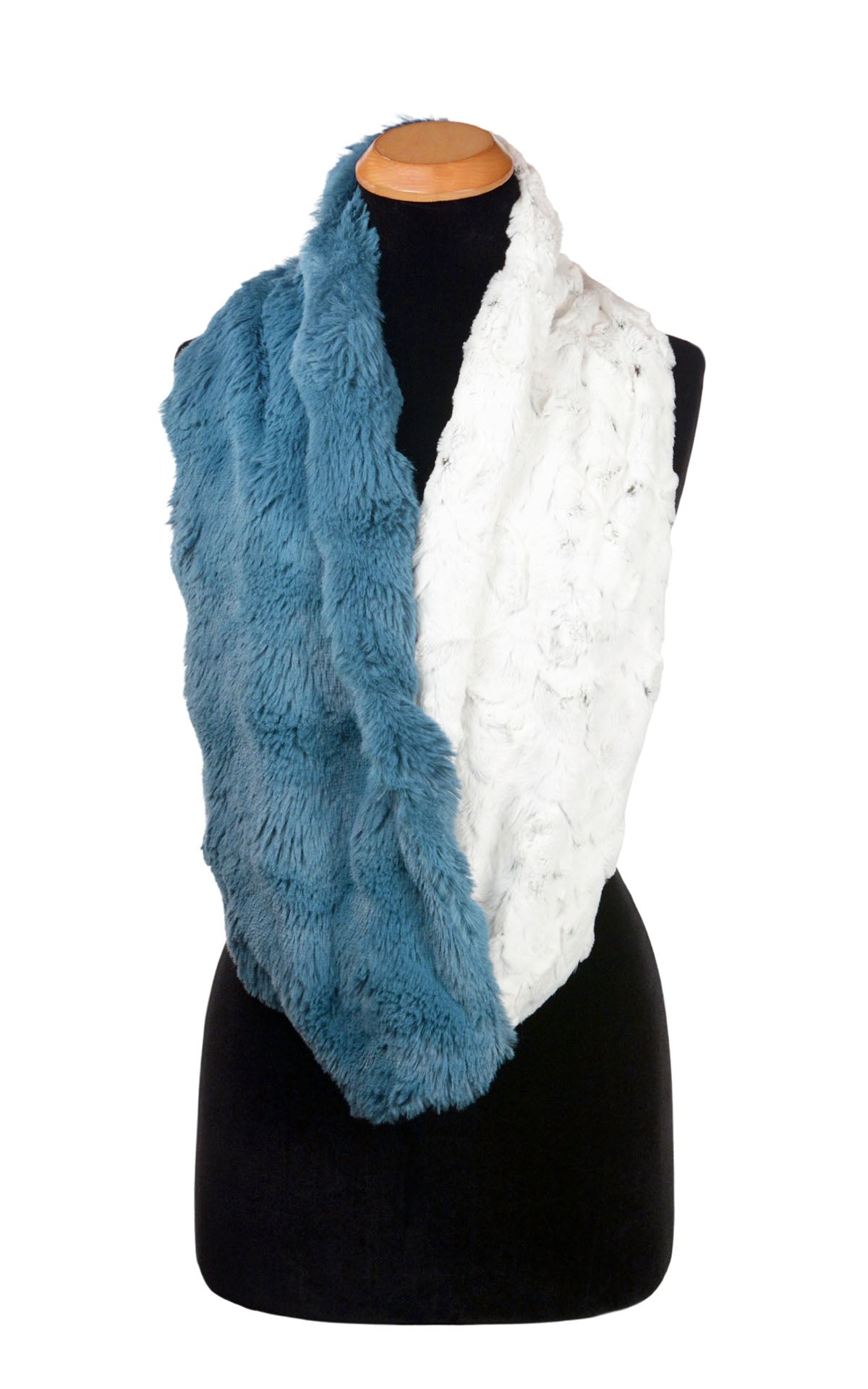 Infinity Scarf in Bluebell Enchanted Dreams with Winters Frost Faux Fur handmade in Seattle WA by Pandemonium Millinery