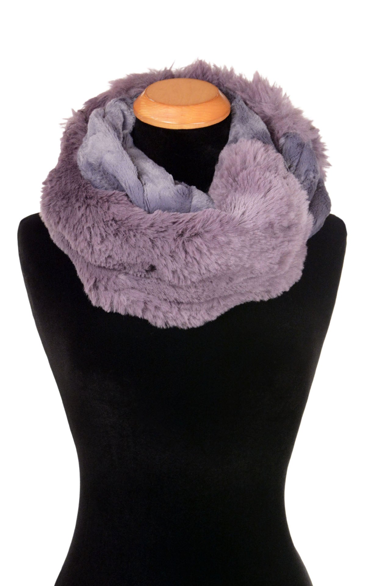 Styled Infinity Scarf in Sugar Plum Enchanted Dreams with Cool Gray Faux Fur handmade in Seattle WA by Pandemonium Millinery