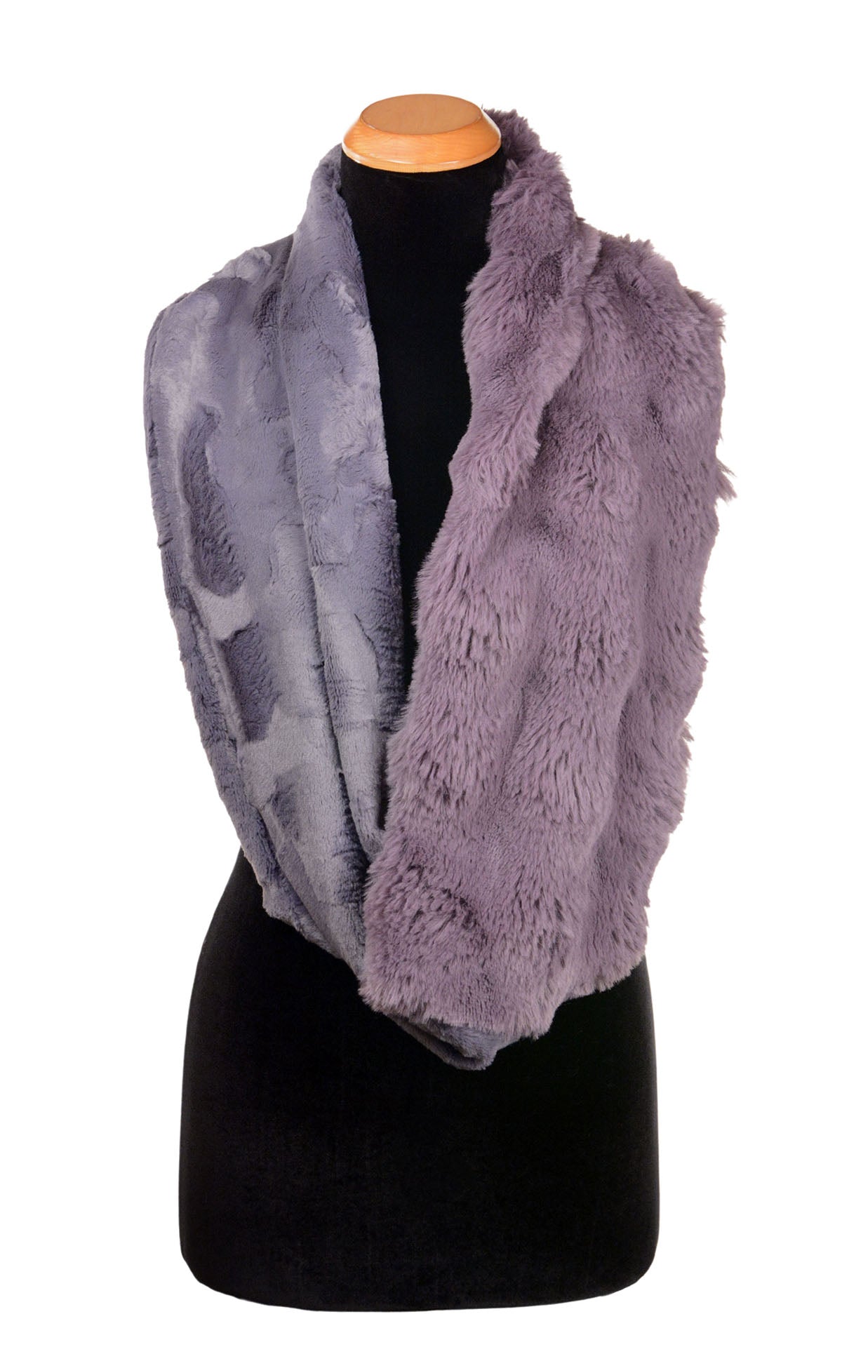 Infinity Scarf in Sugar Plum Enchanted Dreams with Cool Gray Faux Fur handmade in Seattle WA by Pandemonium Millinery