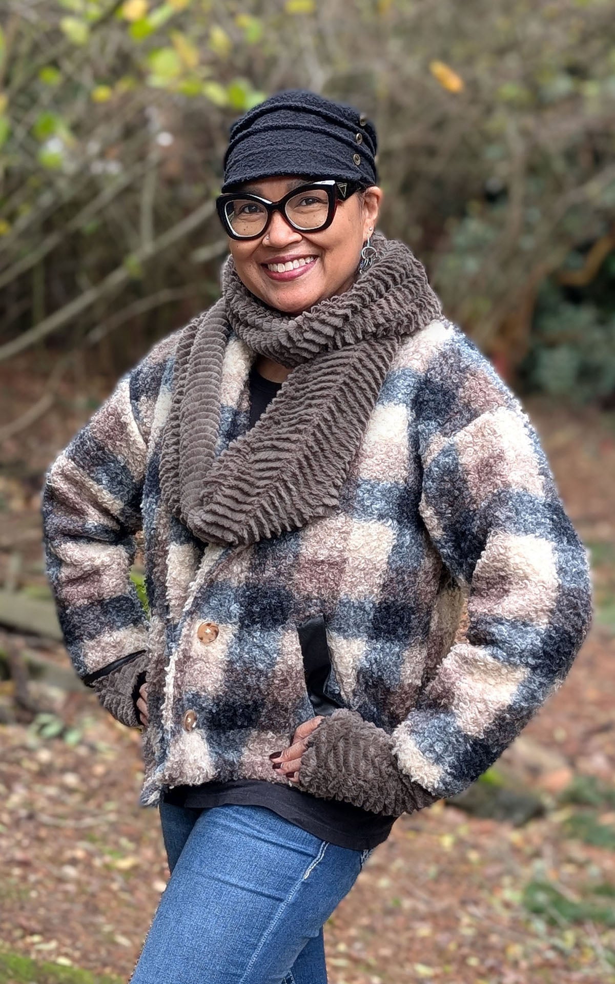 Infinity Scarf on mannequin | Chevron in Charcoal Gray Faux Fur | Handmade in Seattle WA Pandemonium Millinery