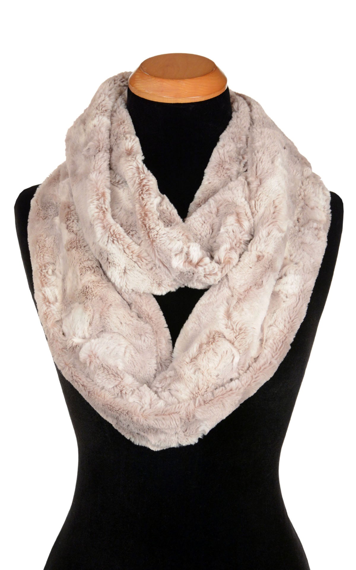 Infinity Scarf in Café Au Lait luxury faux fur. Handmade in Seattle, WA, USA by Pandemonium Seattle.