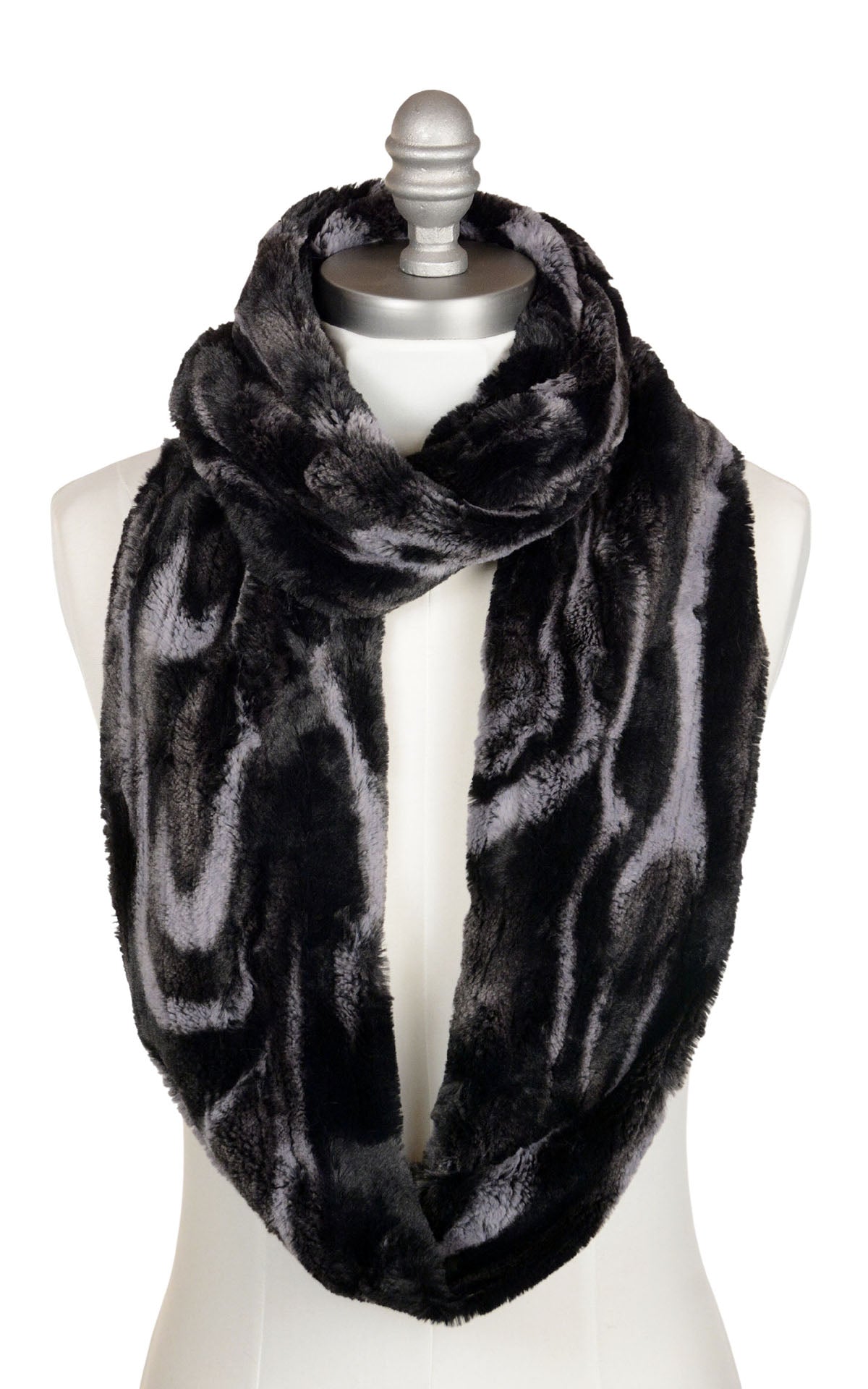 Infinity Scarf in Marble in Black Dune luxury faux fur. Handmade by Pandemonium Seattle.