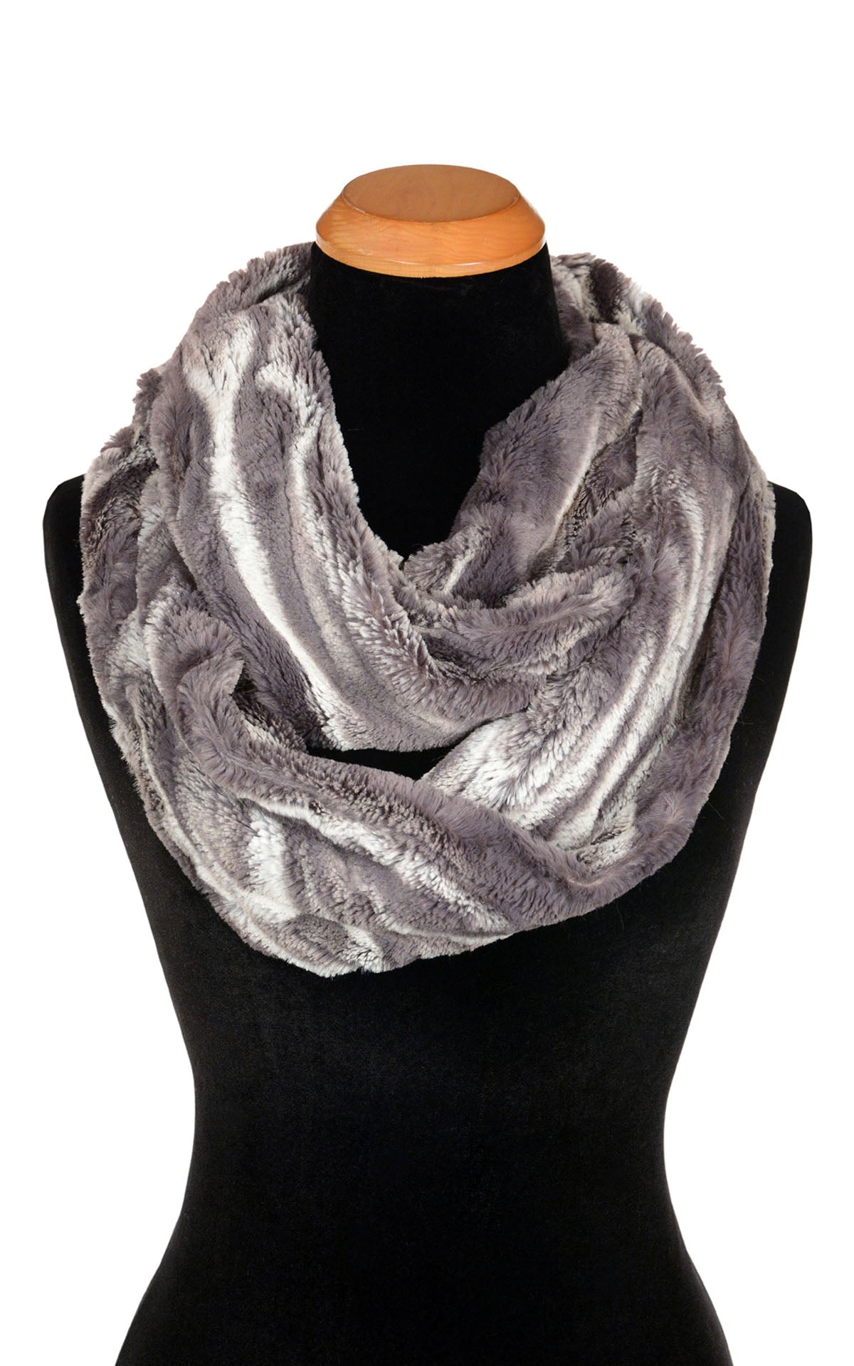 Infinity Scarf in Marble in Gray Dune luxury faux fur. Handmade by Pandemonium Seattle.