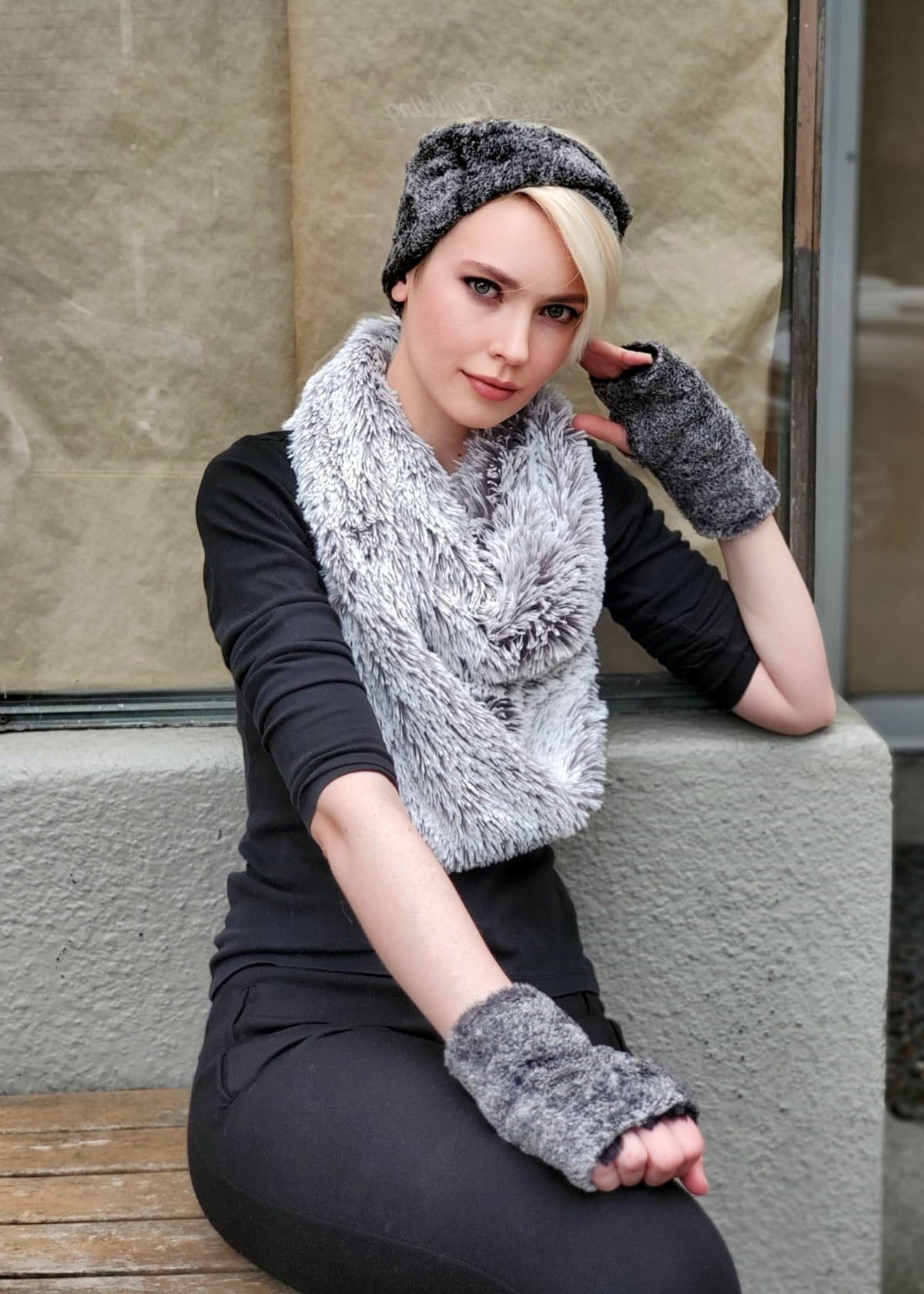 Model wearing fingerless gloves and matching headband in nimbus and a  Women’s Infinity Loop Scarf | Pearl Fox long Hair Faux Fur, gray and ivory | Handmade in Seattle WA | Pandemonium Millinery