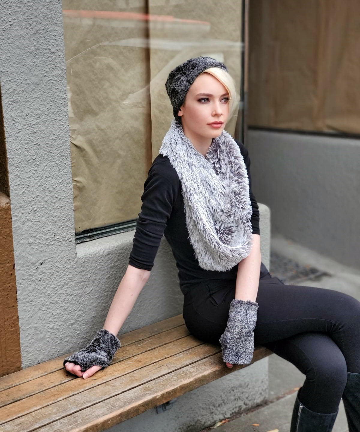 Woman wearing Reversible Fingerless Gloves with matching Headband | Nimbus Luxury Faux Fur | Pandemonium Millinery