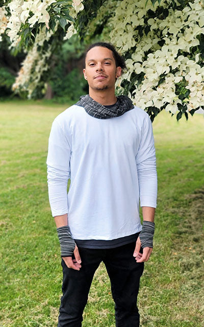Front view of man modeling Infinity Scarf and Fingerless Gloves in Reflections Lagoon