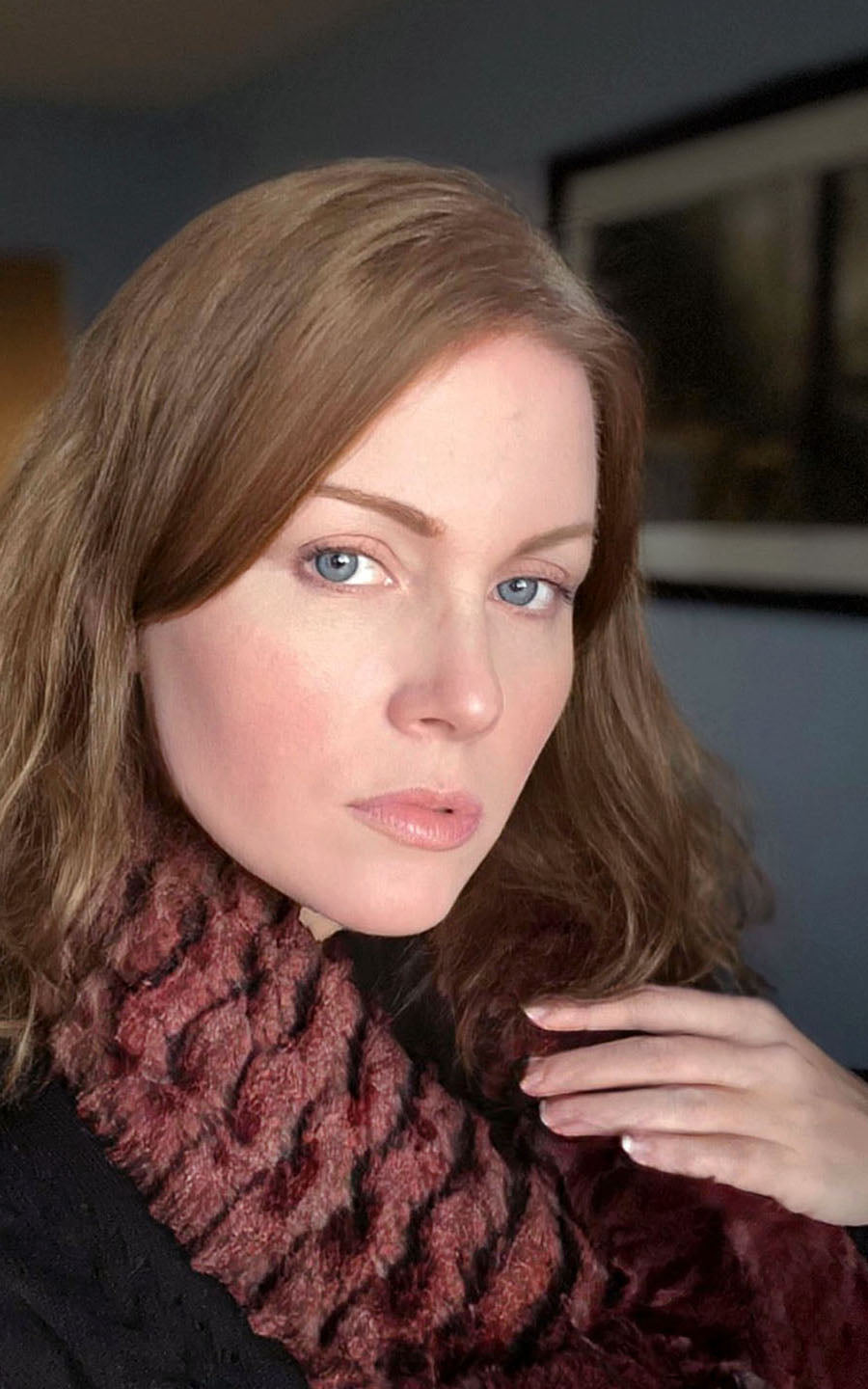 Close up of women wearing an  Infinity Loop Scarf | Desert Sand in Crimson embossed faux fur red and black | Handmade in Seattle WA | Pandemonium Millinery