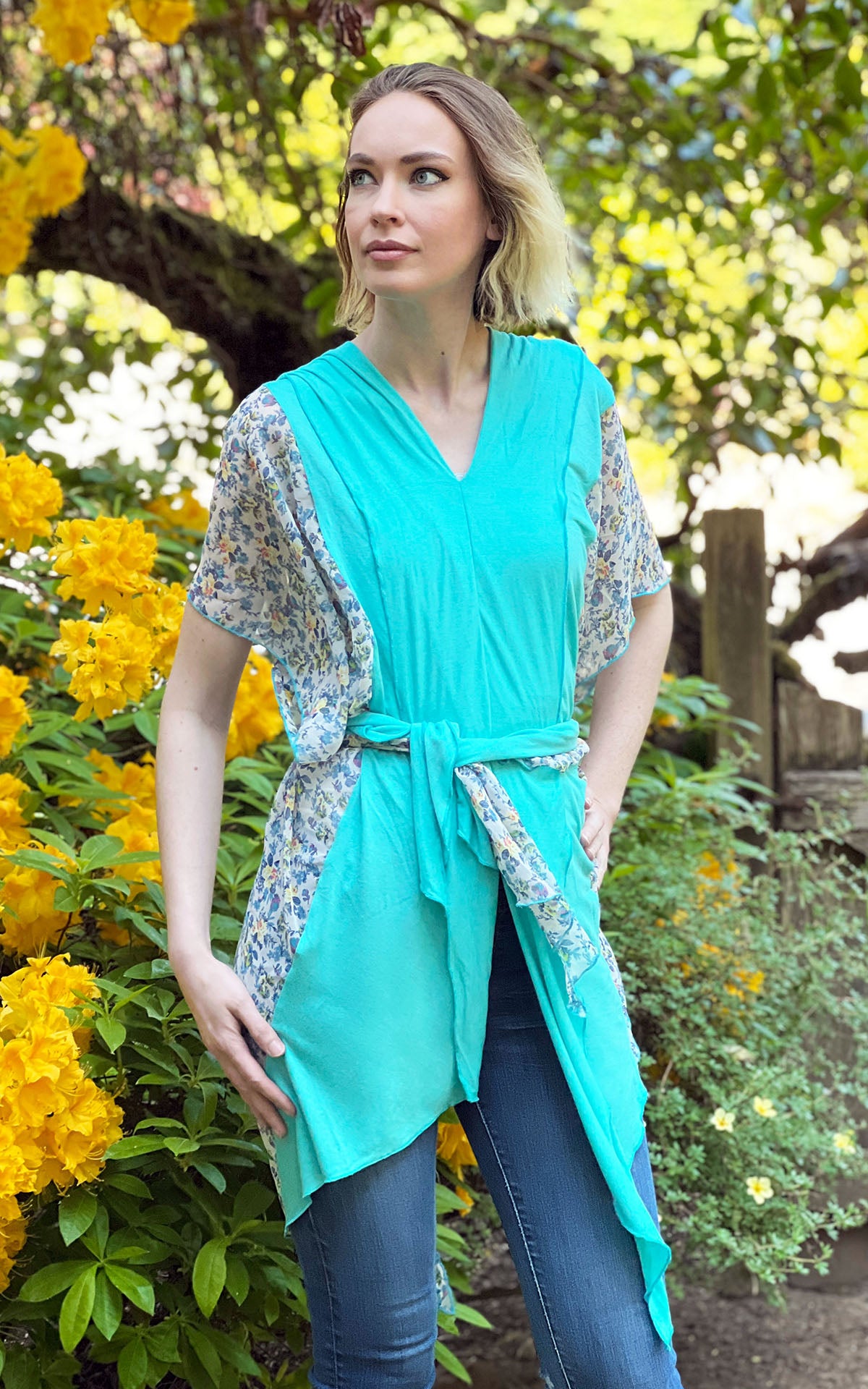 Kaftan Worn Reversed | Victory Garden Chiffon with Ocean Jersey Knit | Handmade Pandemonium Seattle