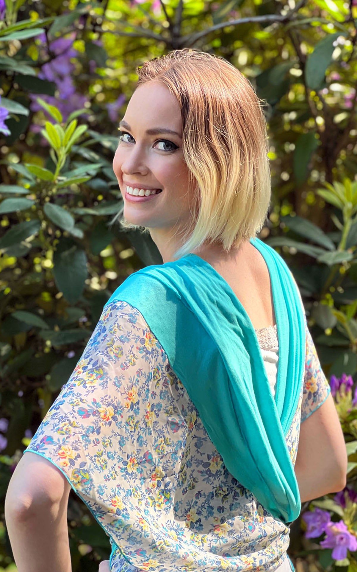 Back View of Kaftan Worn Reversed | Victory Garden Chiffon with Ocean Jersey Knit | Handmade Pandemonium Seattle