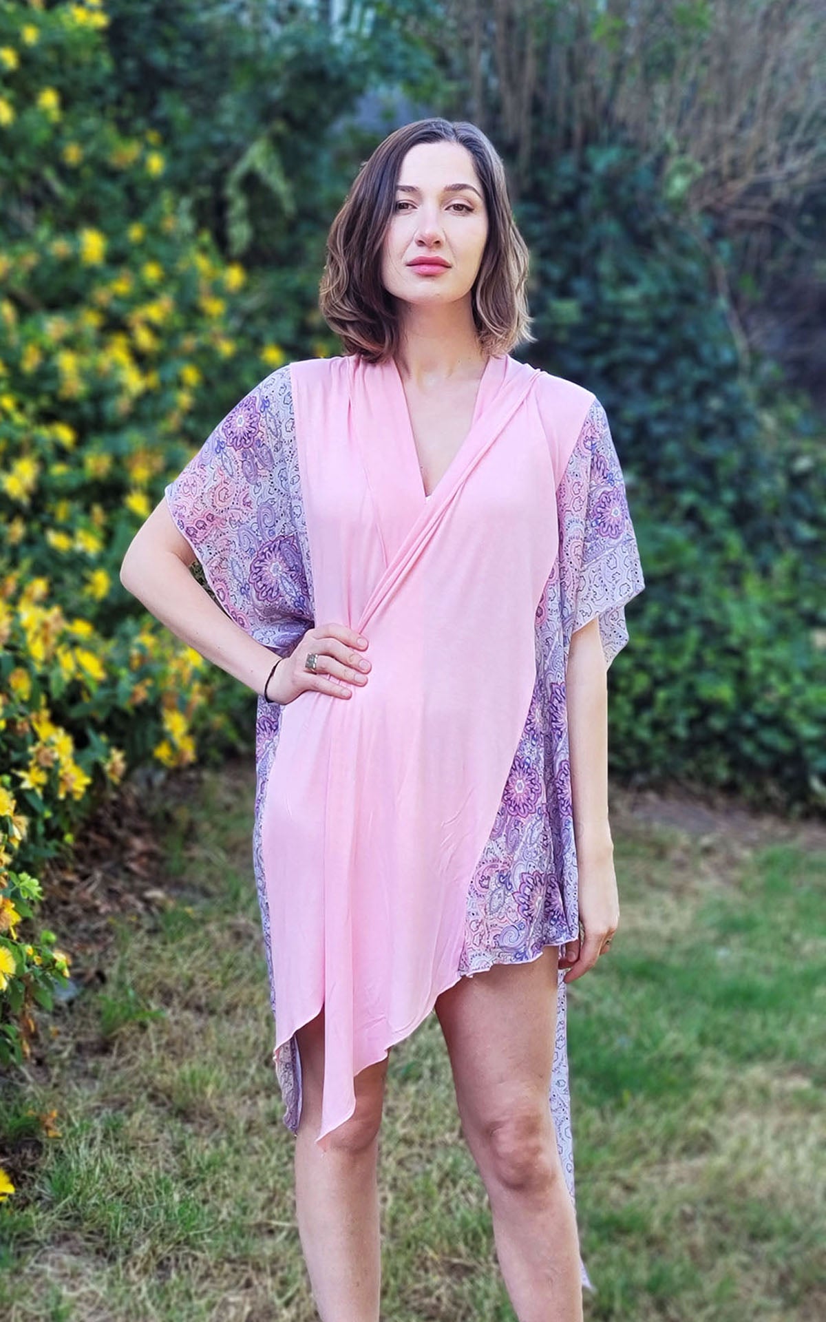 Woman modeling Kaftan in Paisley Madness and Pink Planet handmade by Pandemonium Millinery in USA