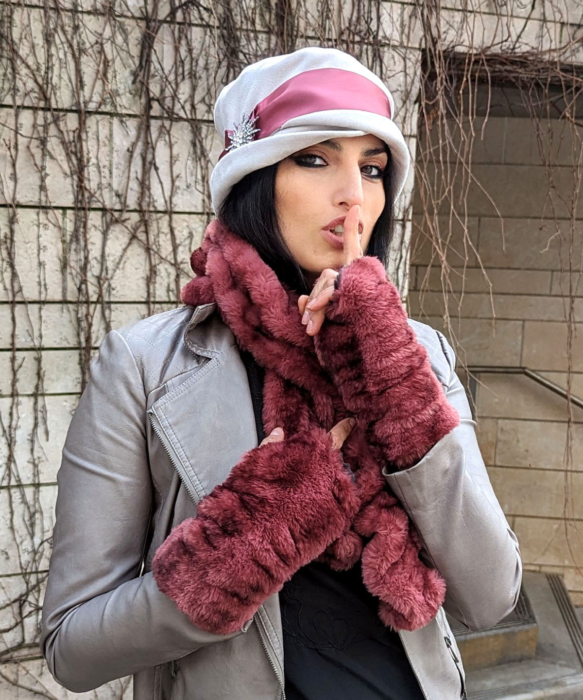Model wearing Royal Opulence Fingerless Gloves Mid in Maple Glow Faux Fur by Pandemonium Seattle.