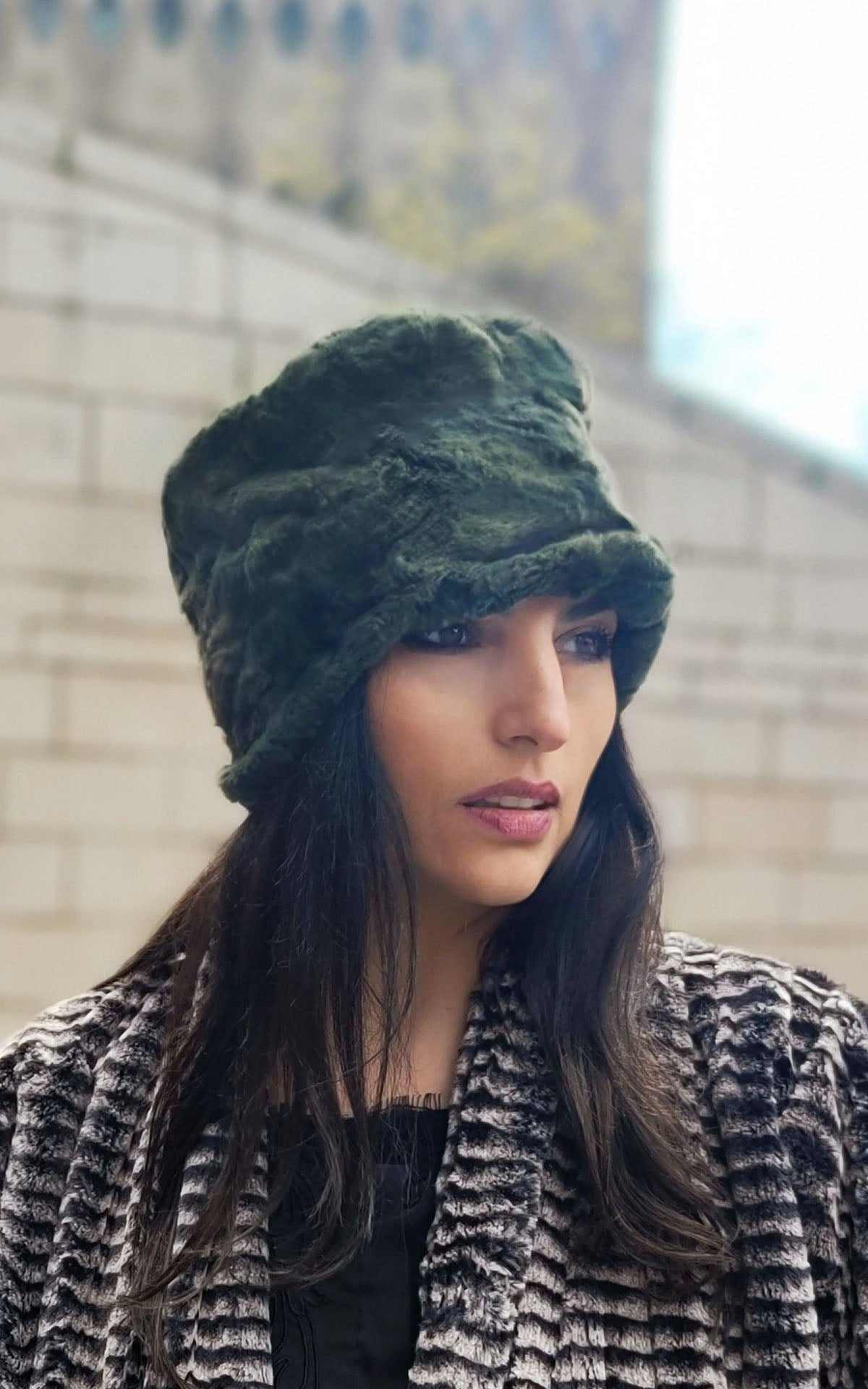 Model wearing  Lola Hat  in Army Green Faux Fur | Pandemonium Millinery | Handmade in Seattle WA USA