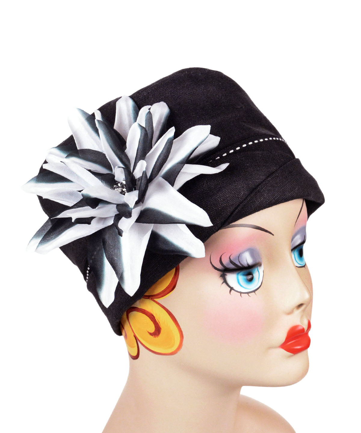 Lola Cloche Hat | Linen in Black with Starburst Flower Brooch | Pandemonium Millinery Handmade USA