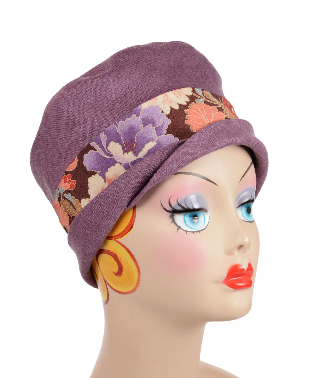 Lola Cloche Hat Cuffed | Linen in Plum with Kimono Silk Band | Pandemonium Millinery Handmade USA