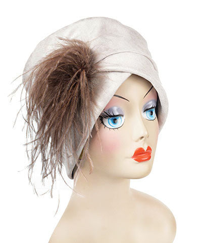 Ostrich Feather Brooch in Toffee on Lola Hat in Faux Suede | Handmade in Seattle WA | Pandemonium Millinery