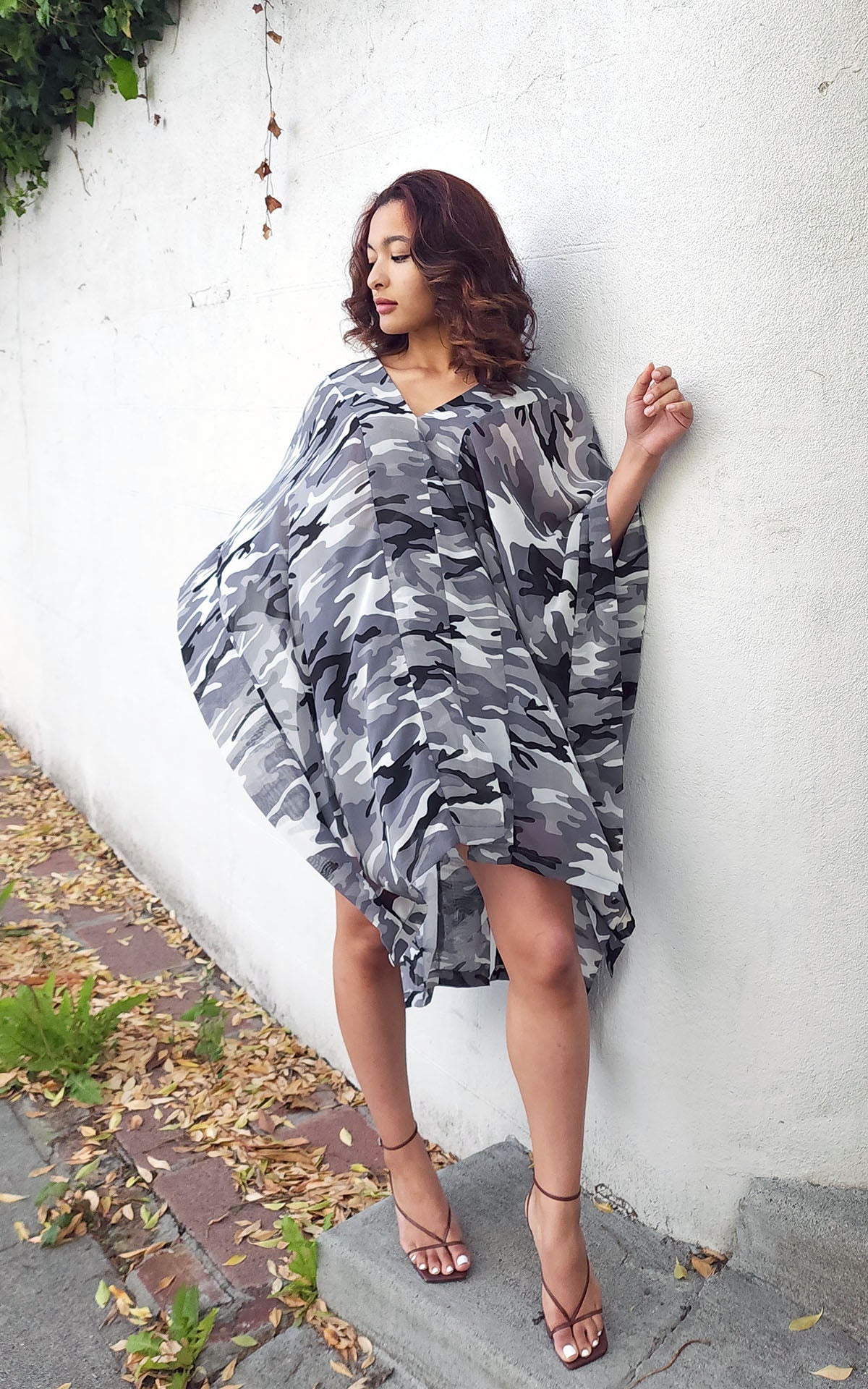 Santé Fe Kaftan Model Shot | Black Ops Chiffon | Handmade in Seattle WA USA | Leigh Young Collection