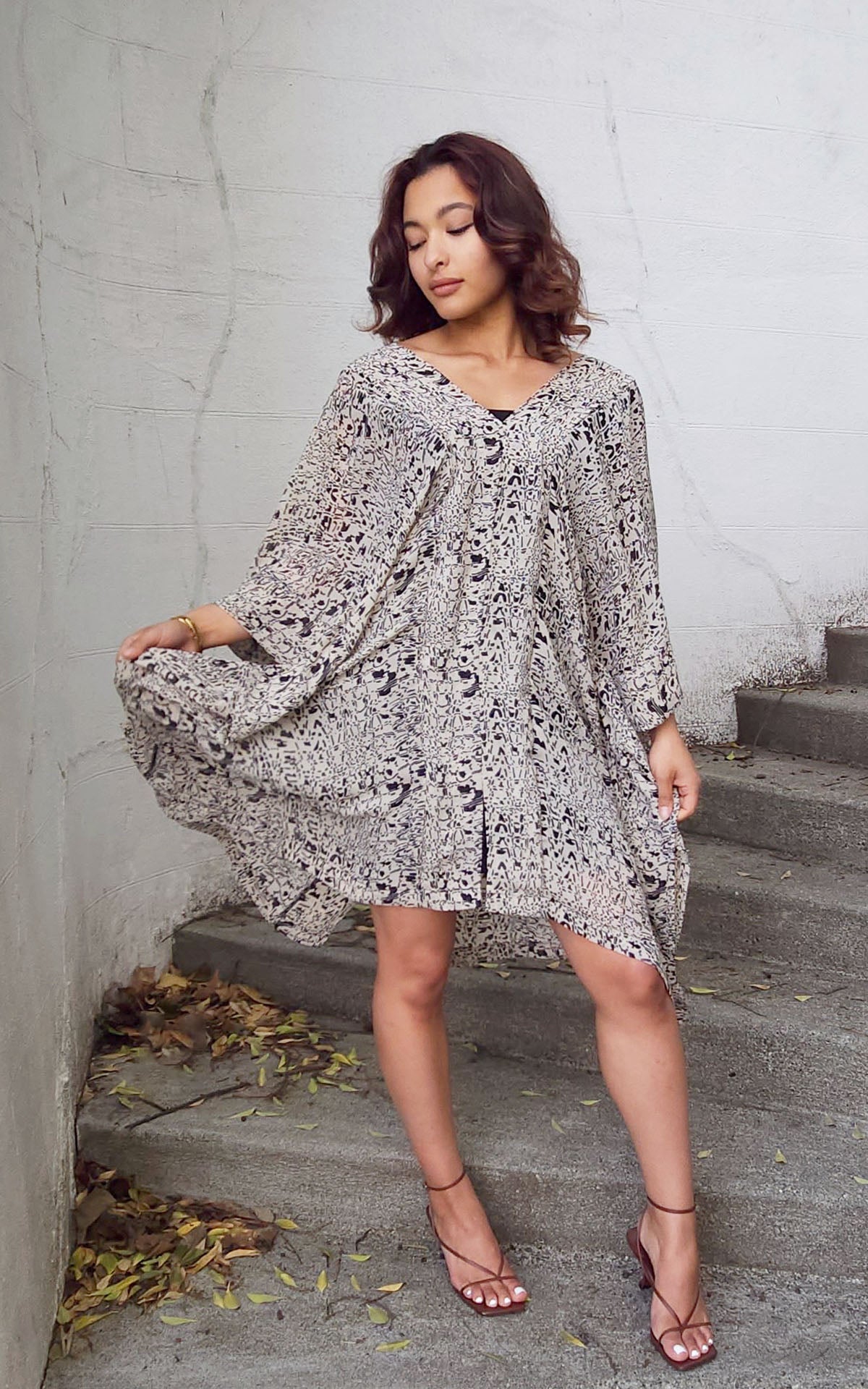 Santé Fe Kaftan Model Shot | Ink Blots Chiffon | Handmade in Seattle WA USA | Leigh Young Collection