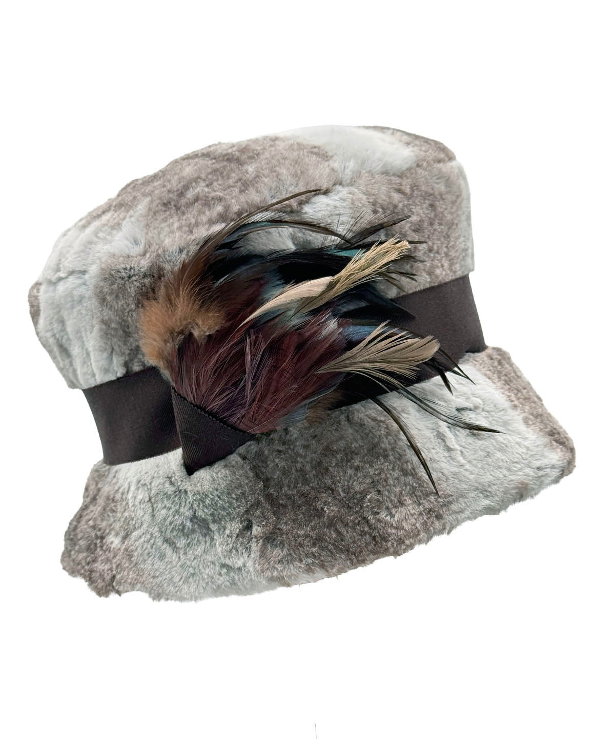 Molly Bucket Hat in Luxury Driftwood Faux Fur with Chocolate Ribbon Band. Made in Seattle, WA, USA by Pandemonium Seattle.