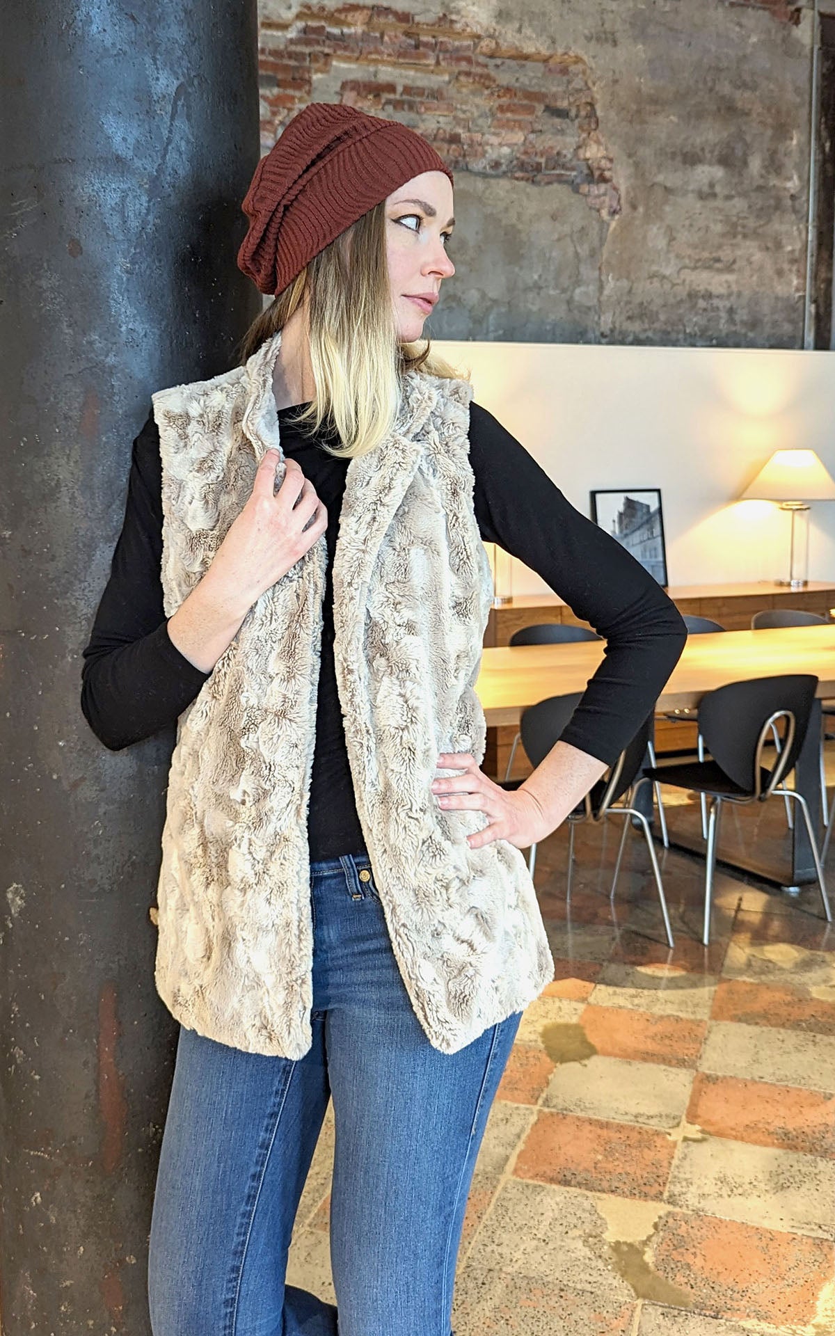 Model wearing Mandarin Vest Short | Café Au Lait Faux Fur | Self Lined | Shown with front slightly opened | Handmade in Seattle, WA USA