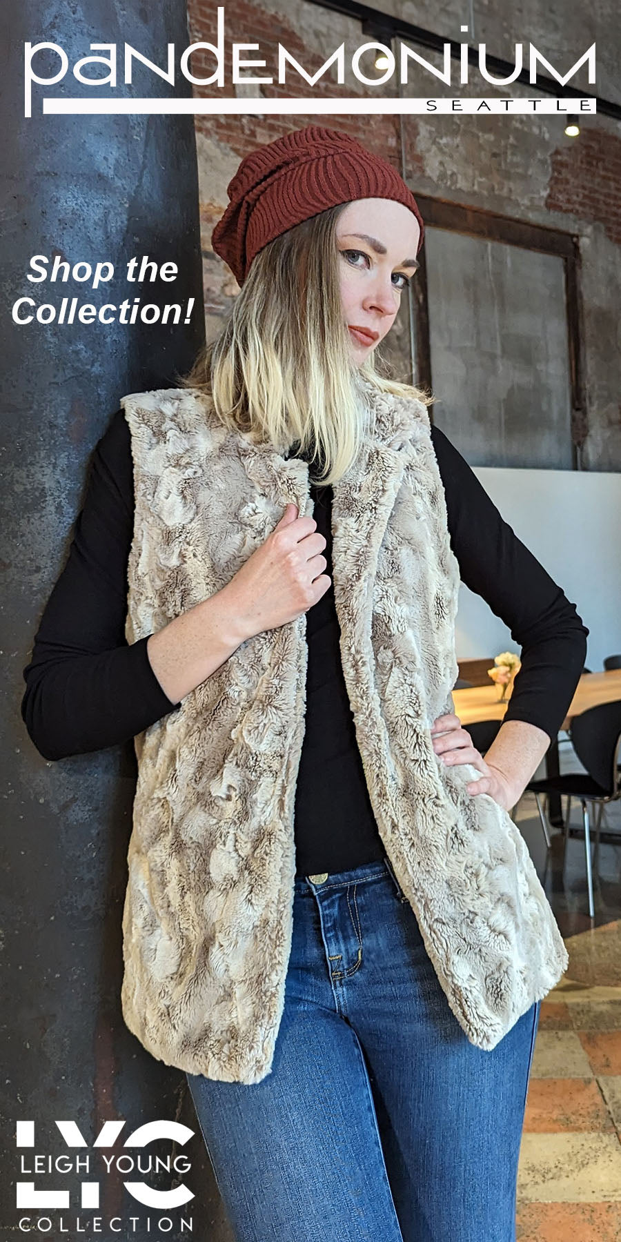 woman in rust scarf and hat with a cream faux fur vest sitting on tiled floor for Pandemonium Seattle mobile banner image