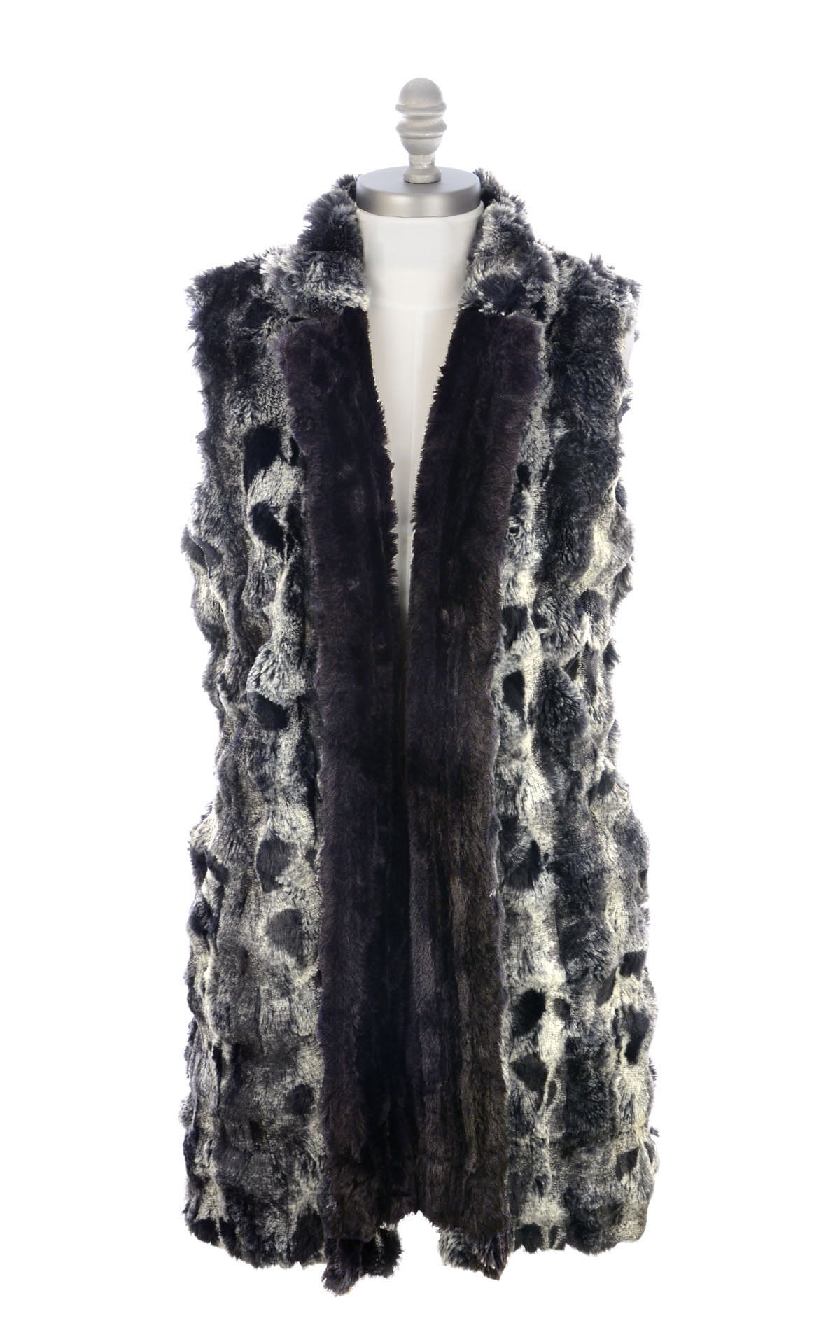 Mandarin Vest Long | Cloudwalk and Cirrus in Shadow Faux Fur | Front view  | Handmade in Seattle WA USA |  By Pandemonium Seattle