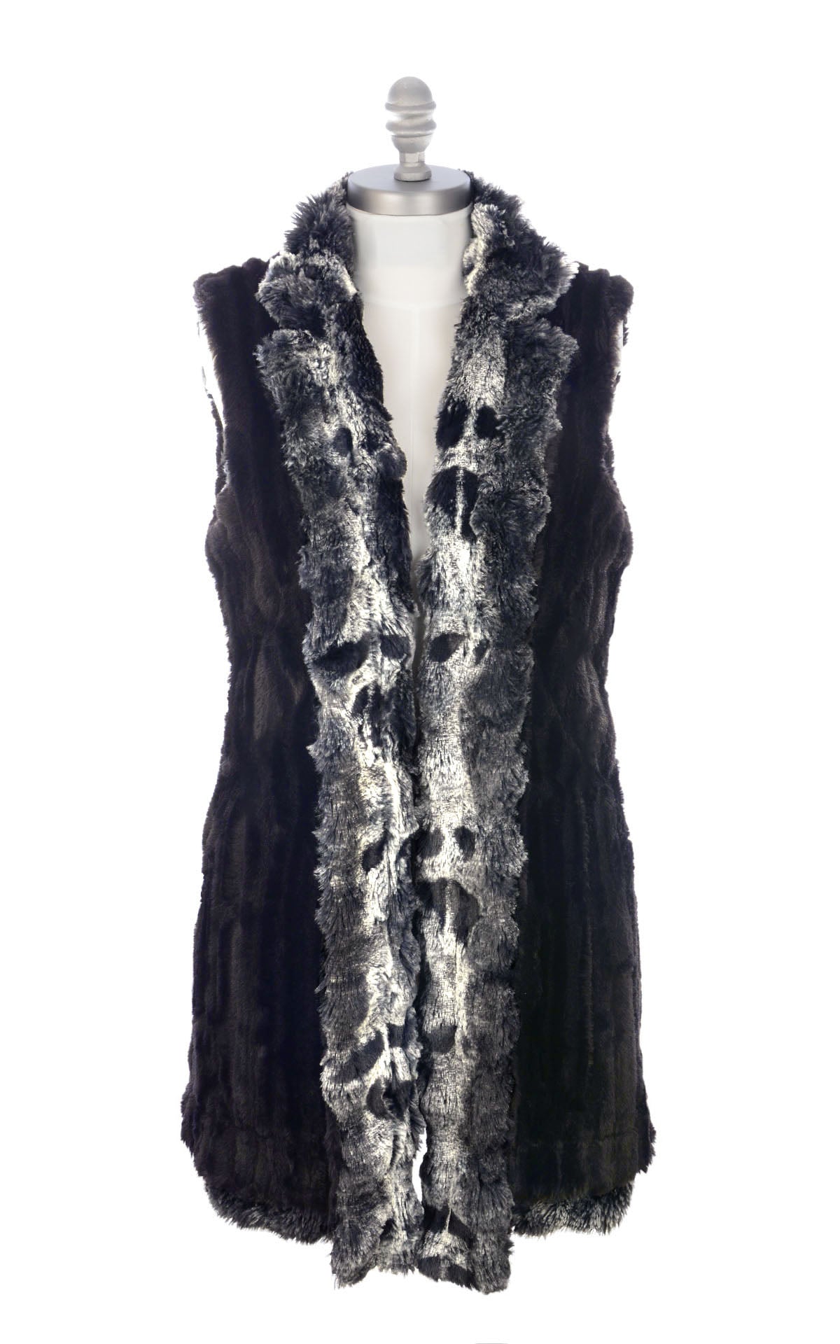 Mandarin Vest Long | Cloudwalk and Cirrus in Shadow Faux Fur | Front view  | Handmade in Seattle WA USA |  By Pandemonium Seattle