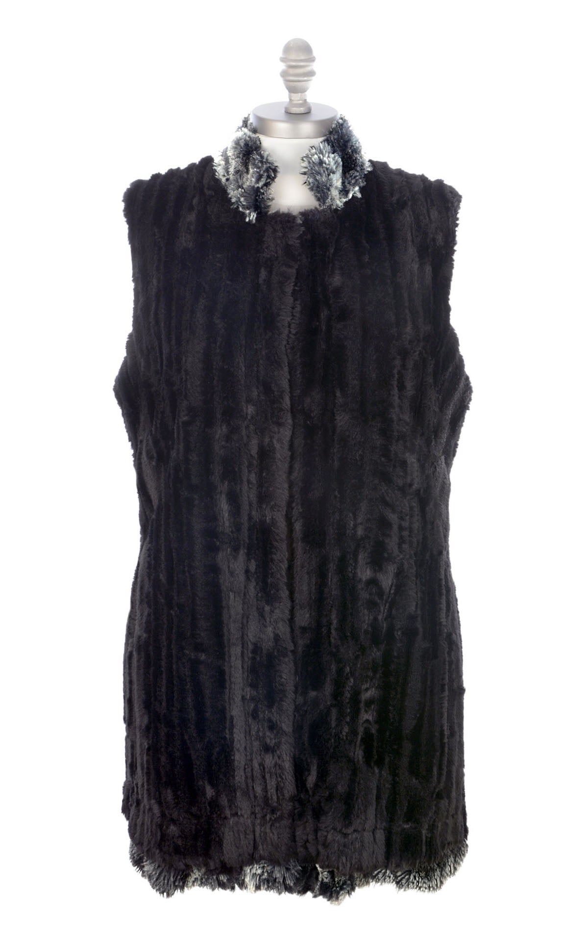 Mandarin Vest Long  | Cloudwalk and Cirrus Faux Fur in Shadow  | Reversed  and Closed View | Handmade in Seattle WA USA |  By Pandemonium Seattle