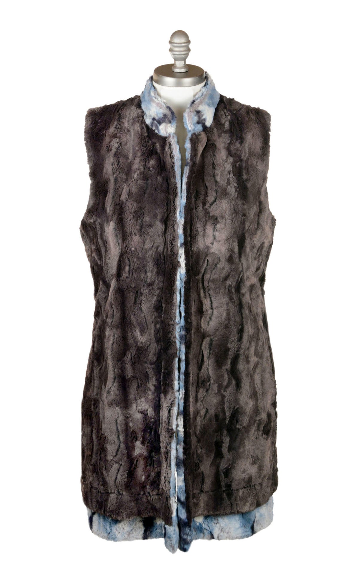 Mandarin Vest Long shown Reversed | Rainier Sky Faux Fur with Espresso Lining | Handmade in the USA by Pandemonium Seattle