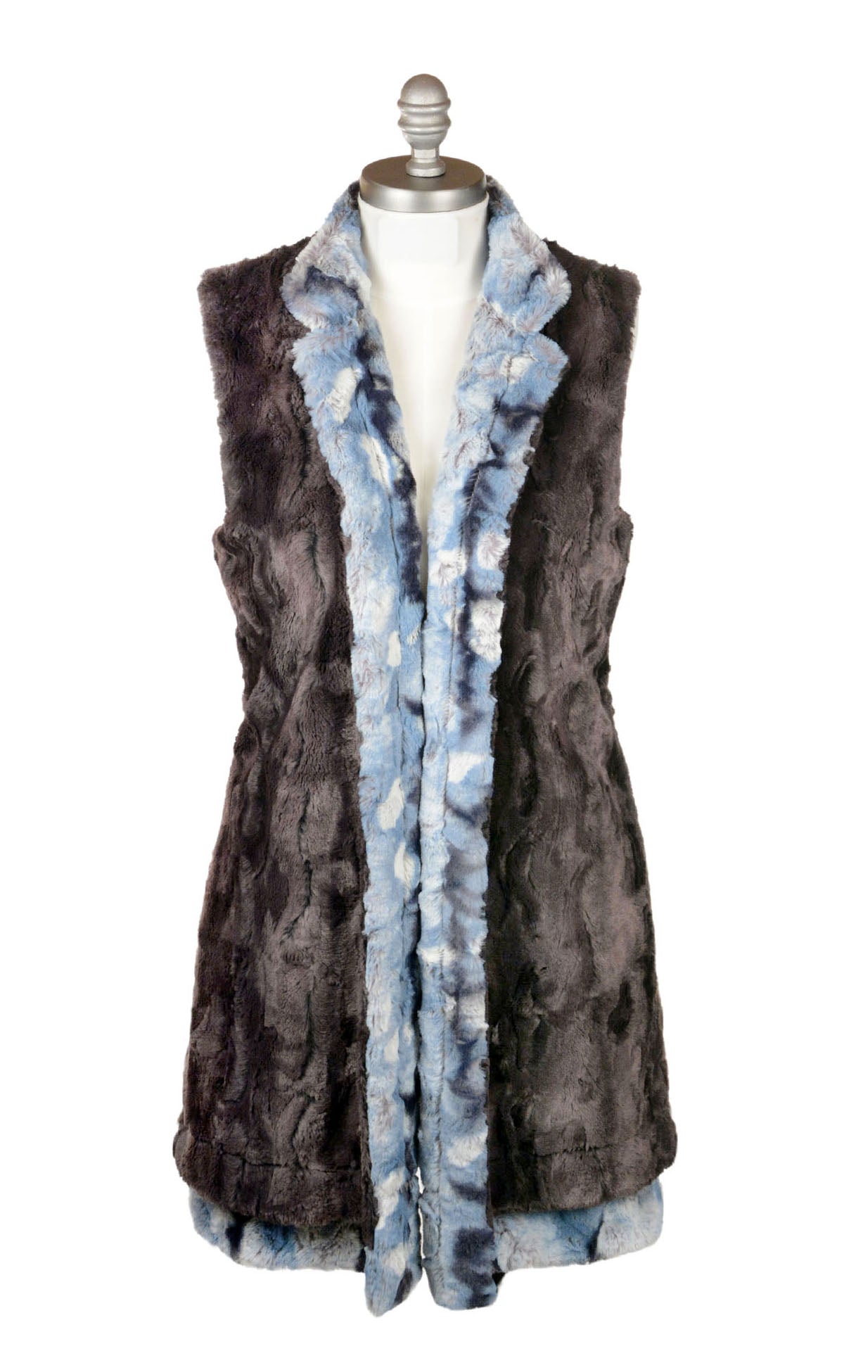 Mandarin Vest Long | Rainier Sky Faux Fur with Ivory Lining | Handmade in the USA by Pandemonium Seattle