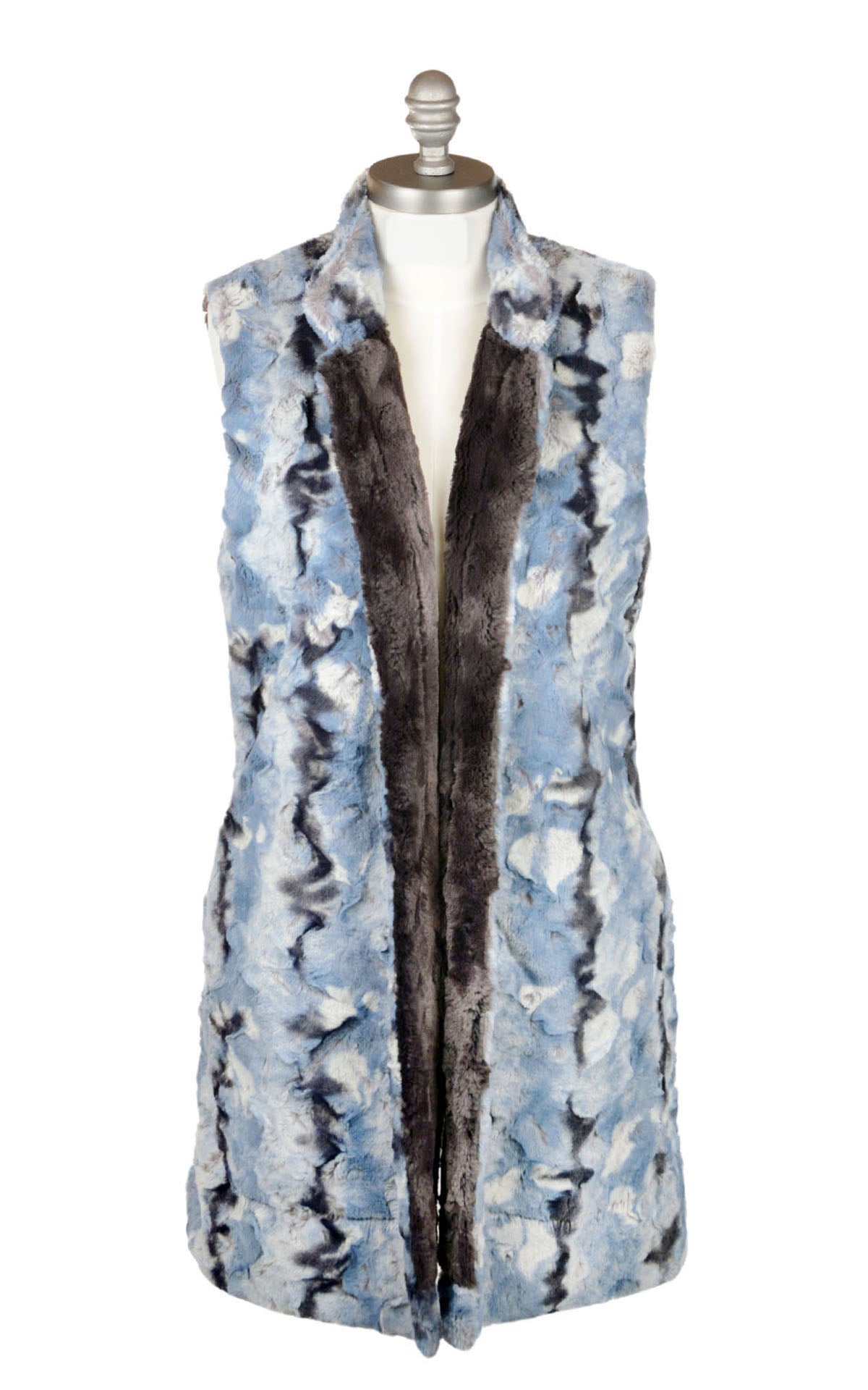 Mandarin Vest Long | Rainier Sky Faux Fur with Espresso Lining | Handmade in the USA by Pandemonium Seattle