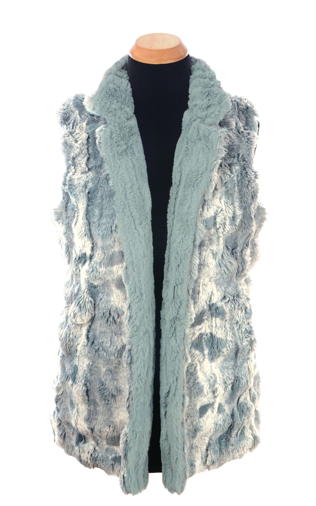 Mandarin Vest Short Reversible | Cloudwalk and Cirrus in Blue Mist Faux Fur | Front view, Opened | Handmade in Seattle WA USA |  By Pandemonium Seattle
