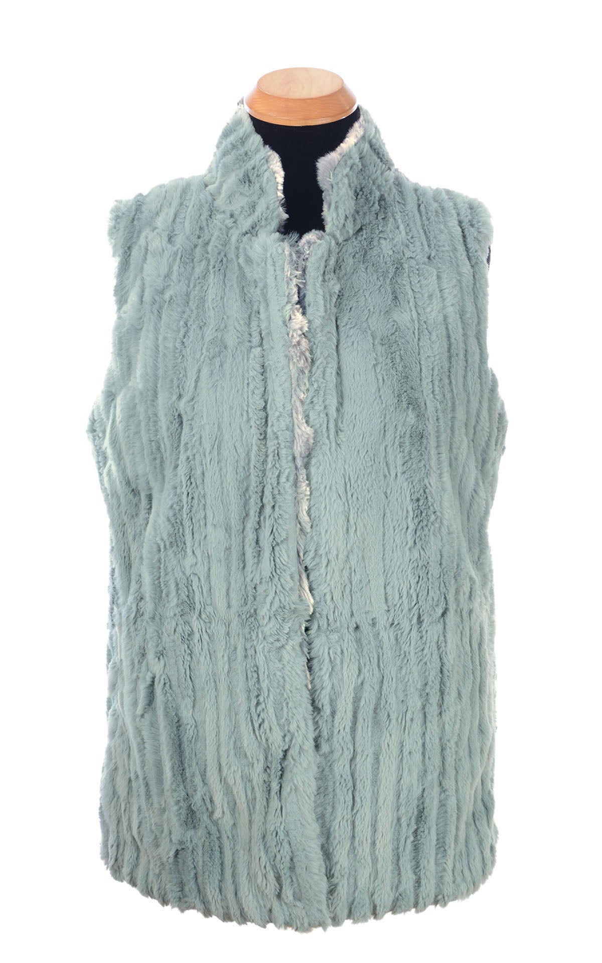 Mandarin Vest Short Reversible | Cloudwalk and Cirrus in Blue Mist Faux Fur | Front view, Reveresed  | Handmade in Seattle WA USA |  By Pandemonium Seattle