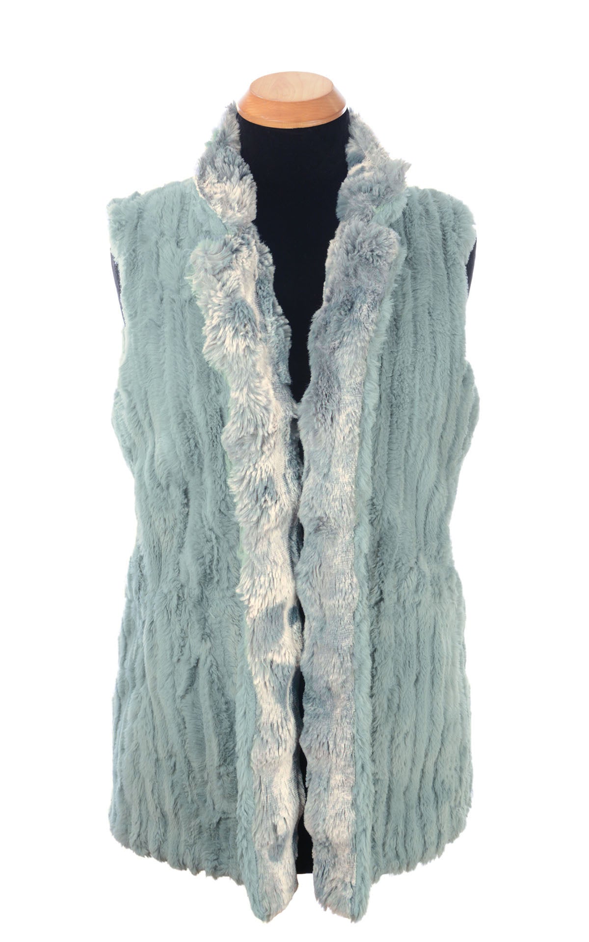 Mandarin Vest Short Reversible | Cloudwalk and Cirrus in Blue Mist Faux Fur | Front view, Reversed and Opened | Handmade in Seattle WA USA |  By Pandemonium Seattle