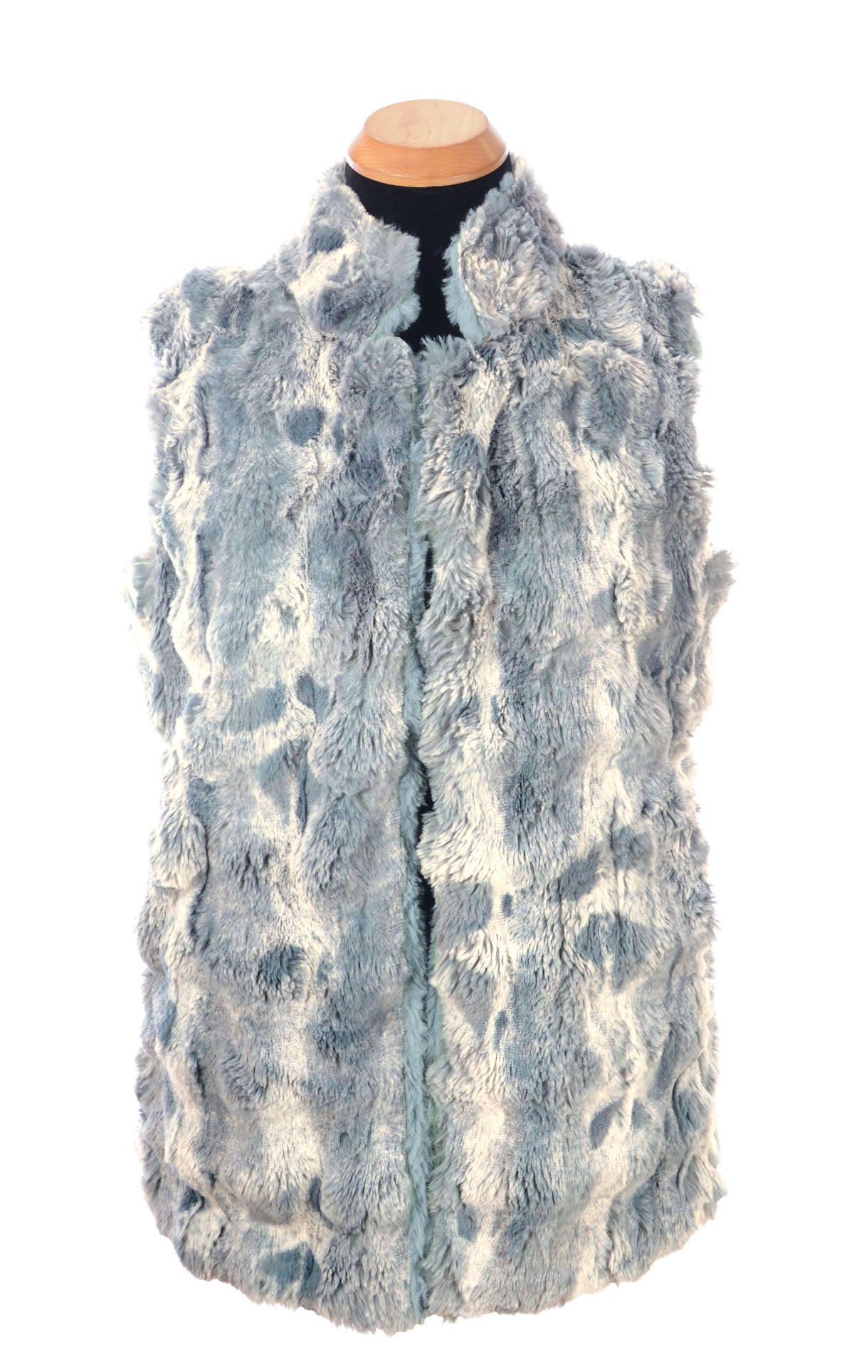 Mandarin Vest Short | Cloudwalk and Cirrus in Blue Mist Faux Fur | Front view  | Handmade in Seattle WA USA |  By Pandemonium Seattle