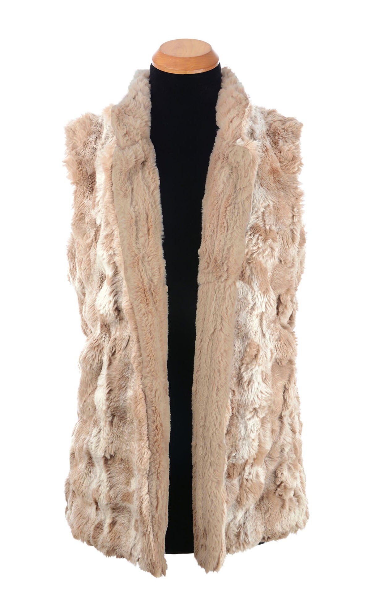 Mandarin Vest Short  Reversible | Cloudwalk and Cirrus in Honey Faux Fur |  Front view, Opened | Handmade in Seattle, WA, USA | By Pandemonium   