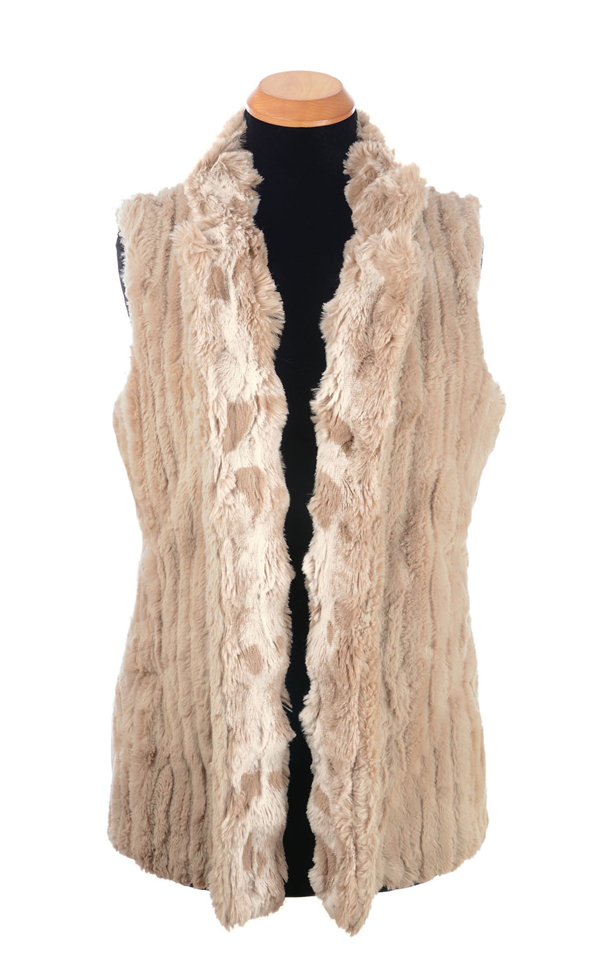 Mandarin Vest Short Reversible | Cloudwalk and Cirrus in Honey Faux Fur | Reversed Front view, Opened | Handmade in Seattle, WA, USA | By Pandemonium   