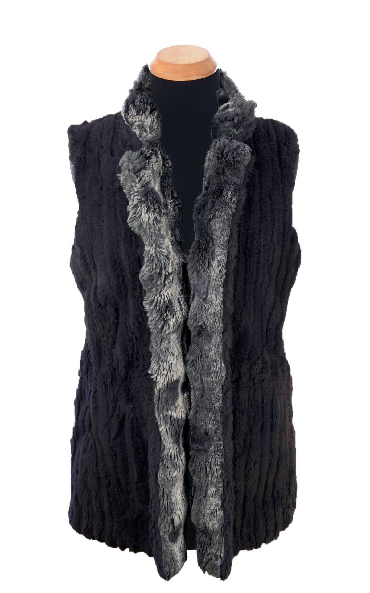 Mandarin Vest Short Reversible | Cloudwalk and Cirrus in Shadow Faux Fur | Reversed Front View, Opened| Handmade in Seattle WA USA |  By Pandemonium  