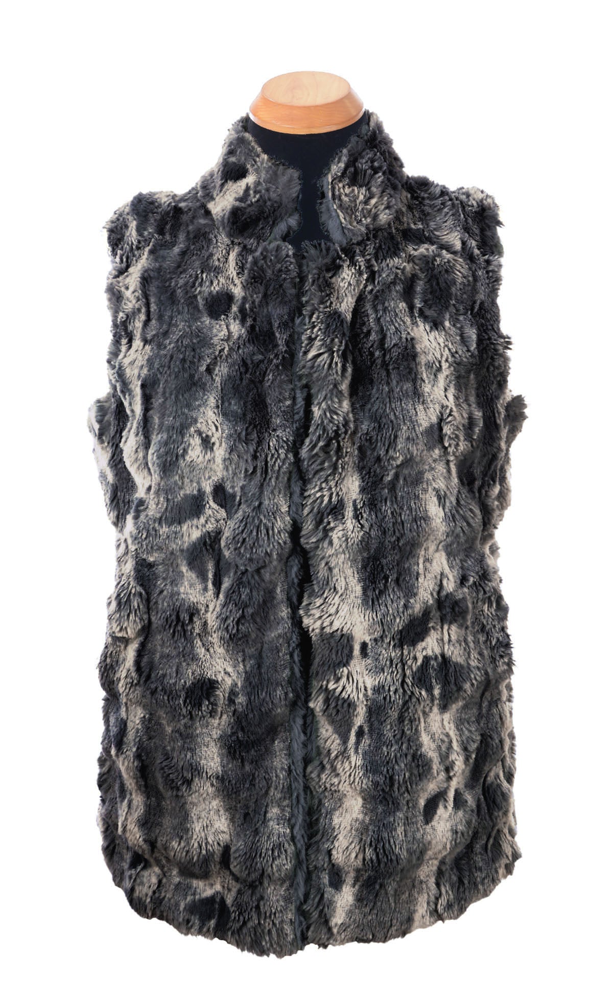 Mandarin Vest Short | Cloudwalk and Cirrus in Shadow Faux Fur | Front view, Closed | Handmade in Seattle WA USA |  By Pandemonium Seattle