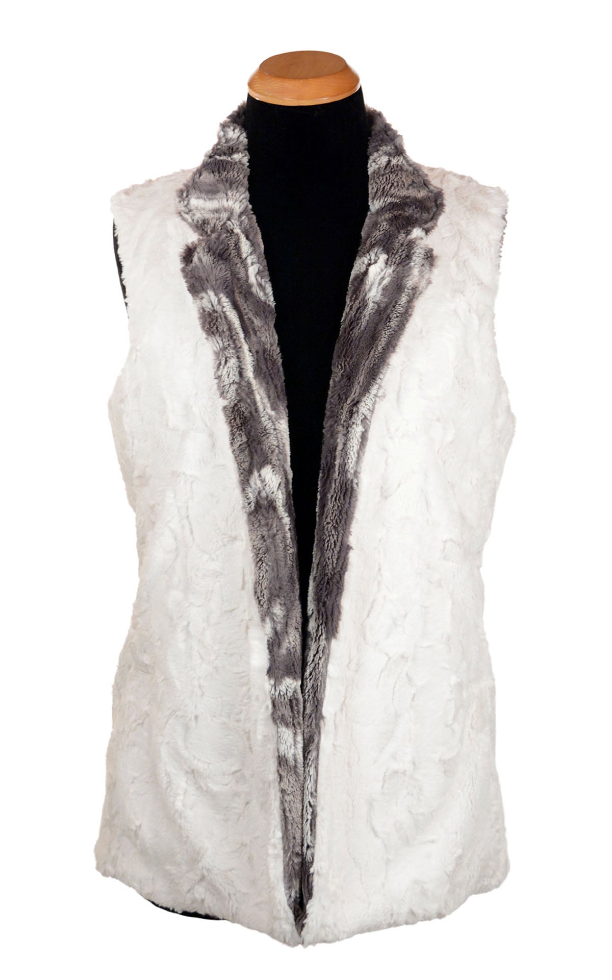 Mandarin Vest Short in Gray Marble Dune Faux Fur reversed to Cuddly Ivory handmade in Seattle, WA USA by Pandemonium Millinery