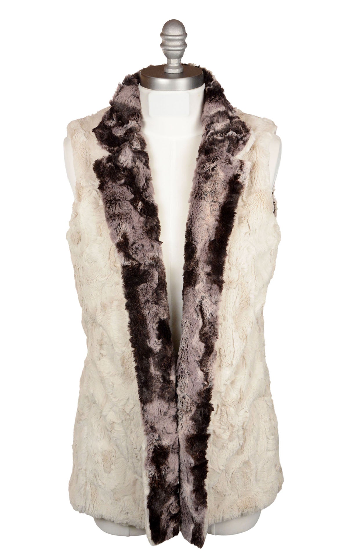 Mandarin Vest Short | Shown in Reverse Cuddly Sand with Mocha Faux| Handmade by Pandemonium Seattle | Slow Fashion USA