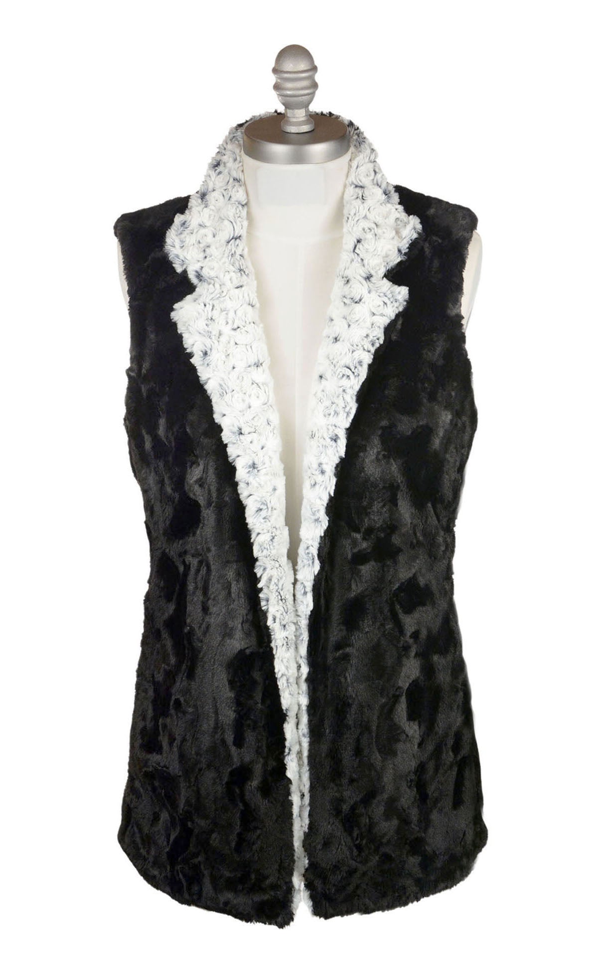 Mandarin Vest Short Reversed - Rosebud Faux Fur in Black lined Cuddly Black - Handmade in USA by Pandemonium Seattle