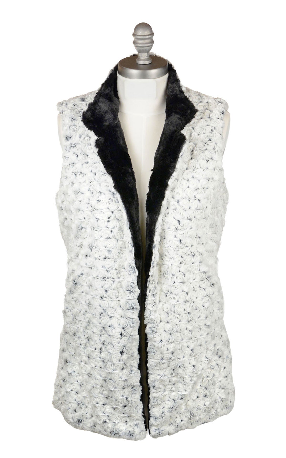 Mandarin Vest Short - Rosebud Faux Fur in Black lined Cuddly Black - Handmade in USA by Pandemonium Seattle