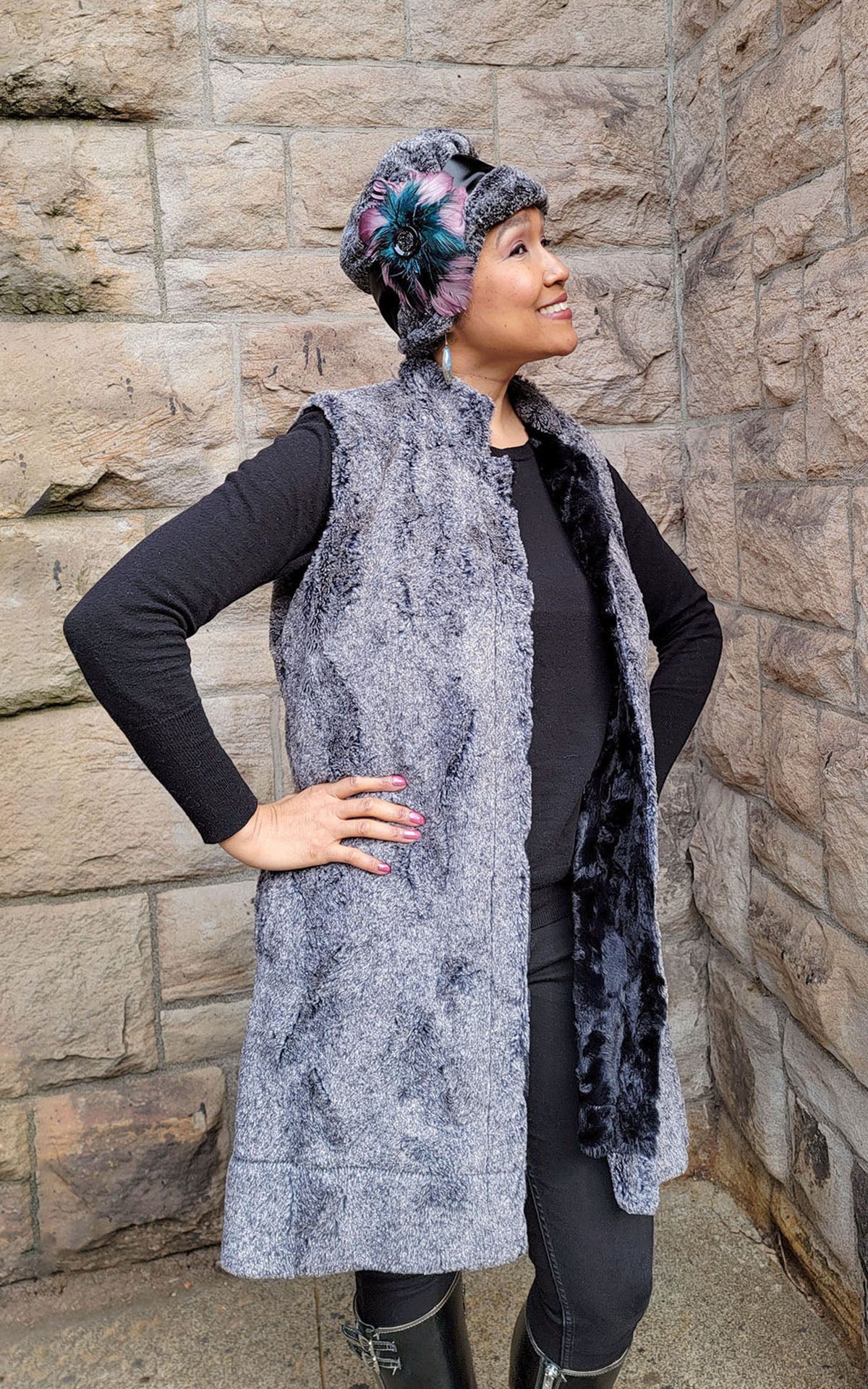 Woman wearing Mandarin Vest in Nimbus and Cuddly Black Faux Fur with a matching Cloche Hat. Handmade in Seattle, WA, USA.