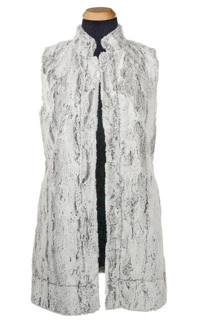 Product shot of Mandarin Vest - Luxury Faux Fur in Khaki with a Cuddly Ivory Lining - Handmade USA by Pandemonium Seattle